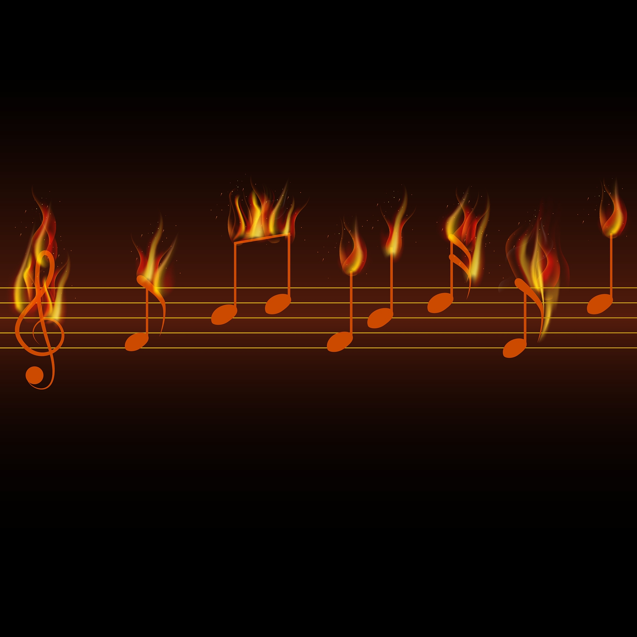 fire burning musical notes on black background