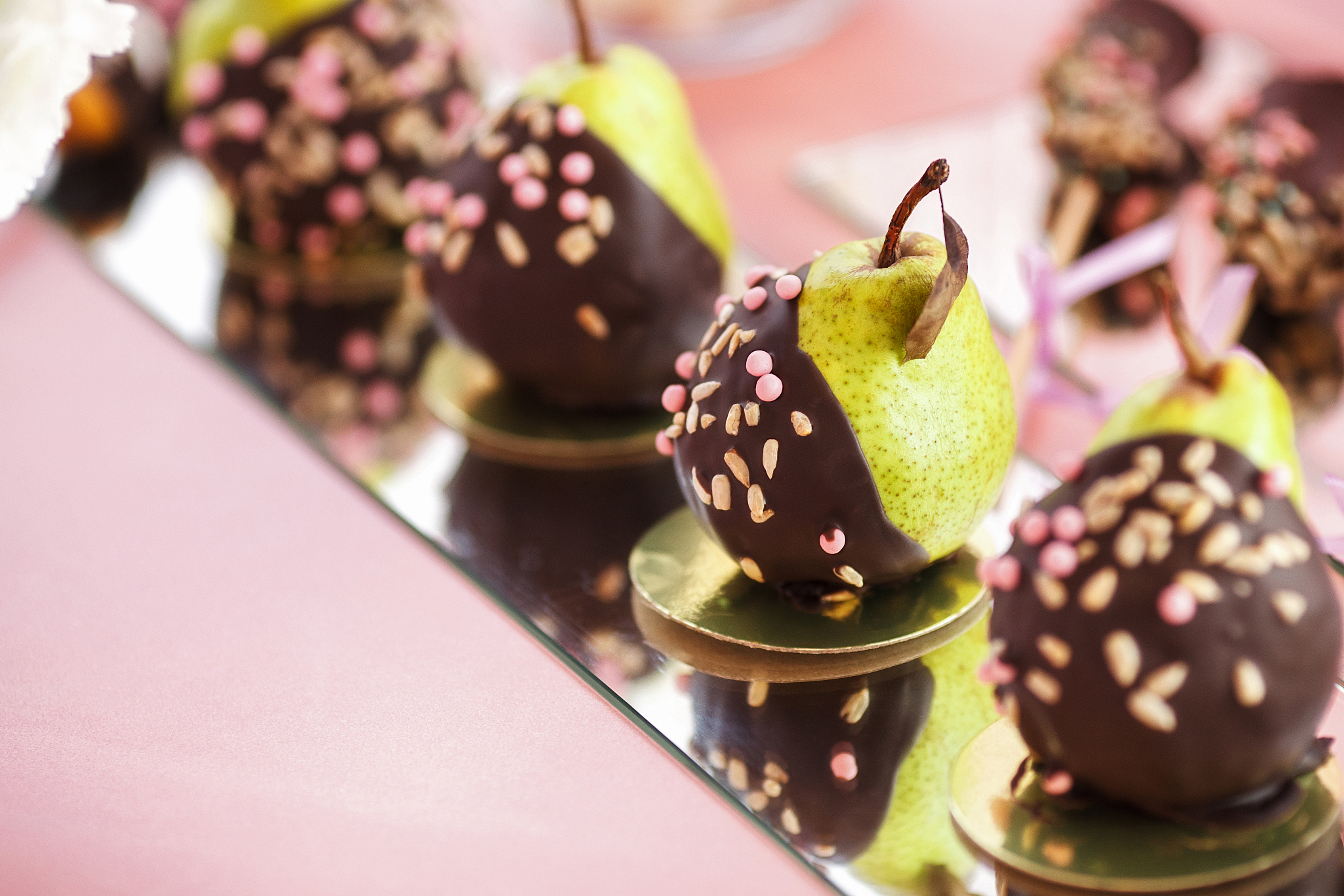 pear in chocolate, sweet candy bar set, wedding ceremony