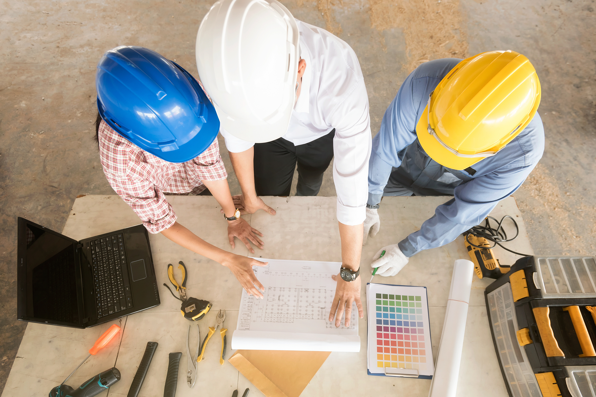 high angle view of architects working at site