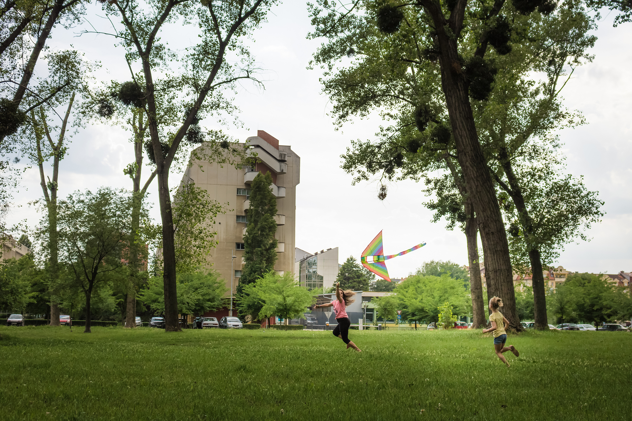 playful girls flying kite in the park.