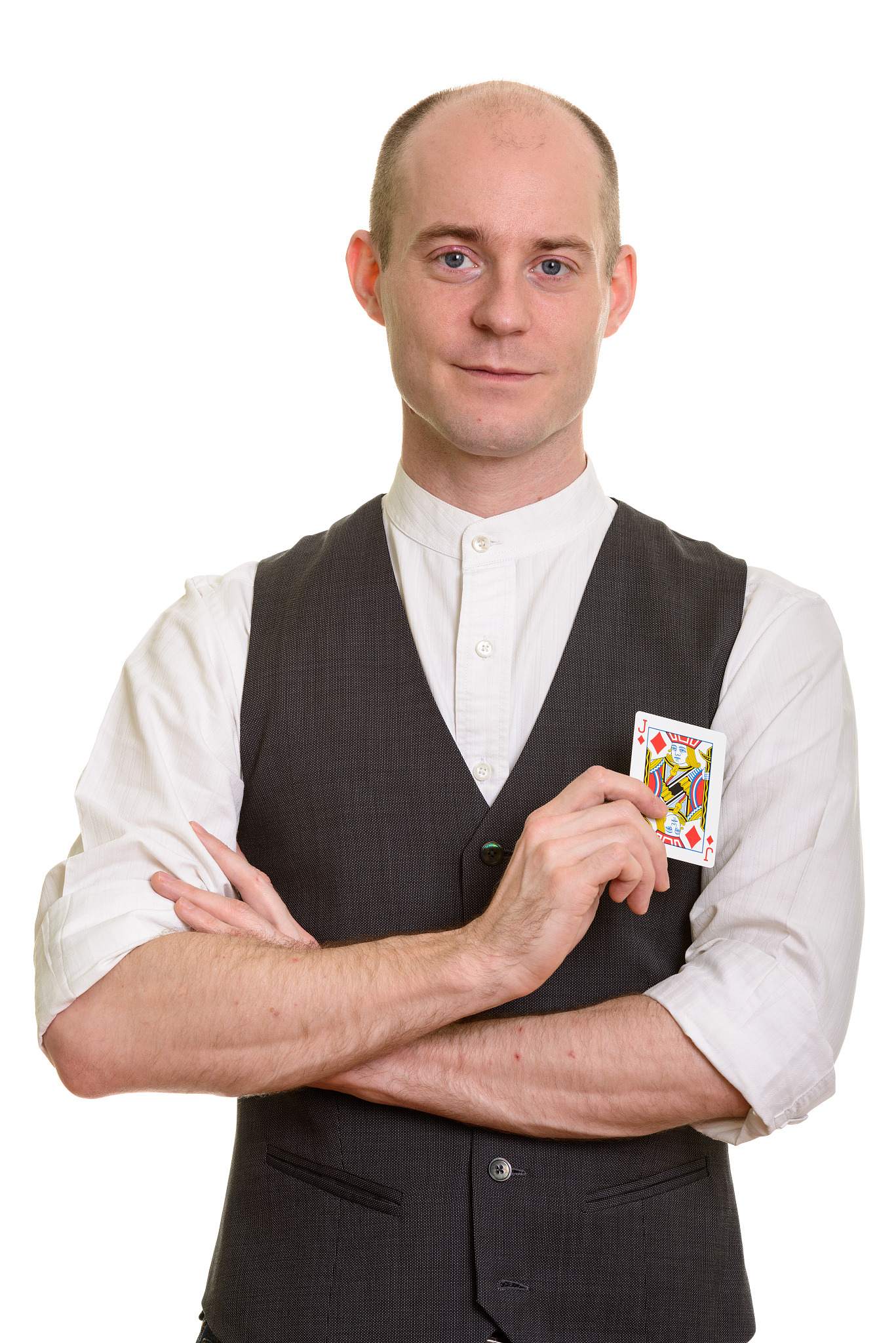 bald handsome magician man holding jack of diamonds card with ar