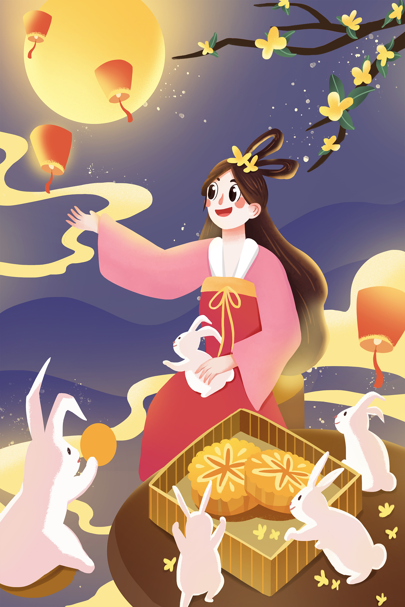 帮我画一张中秋节的画要求要有月亮、月饼、父女