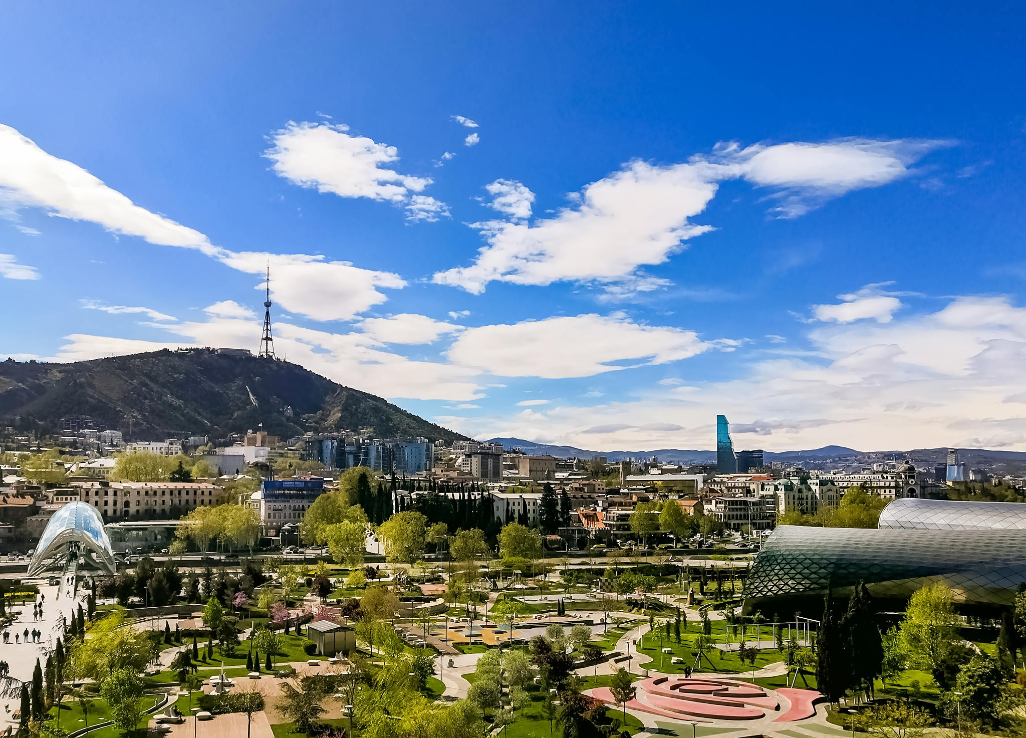 tbilisi city panorama. rike park, river kura, the european squar