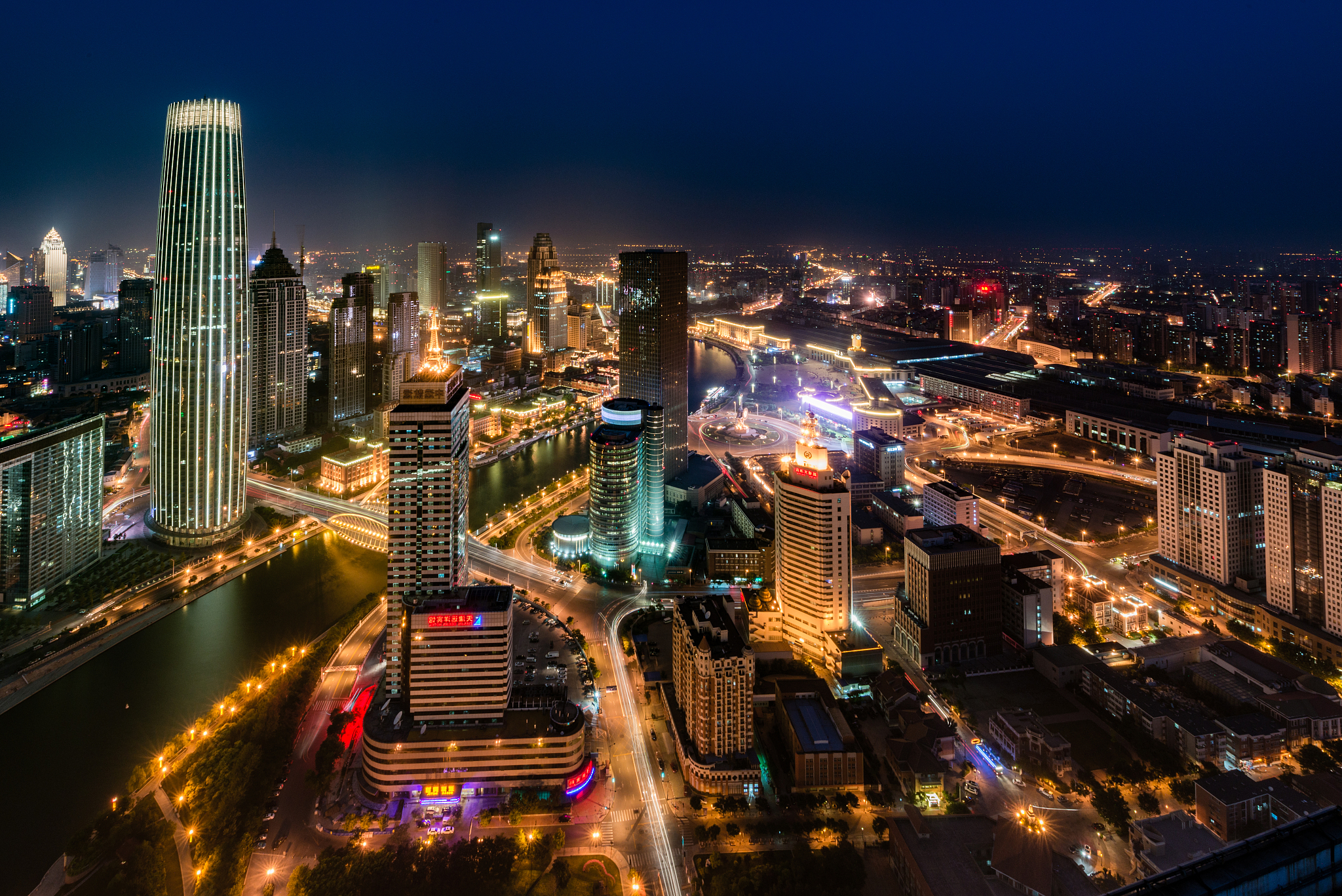 aerial view of tianjin skyline at night
