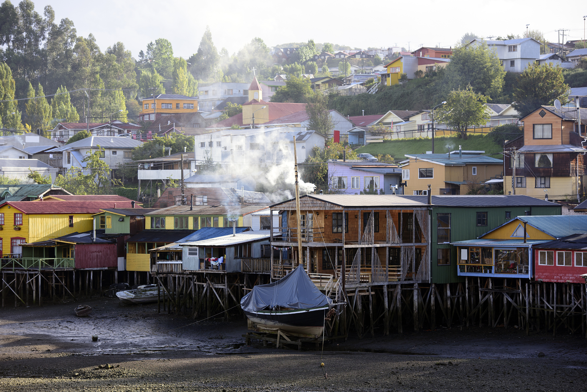 colourful palafitos in castro, chiloé island, chile
