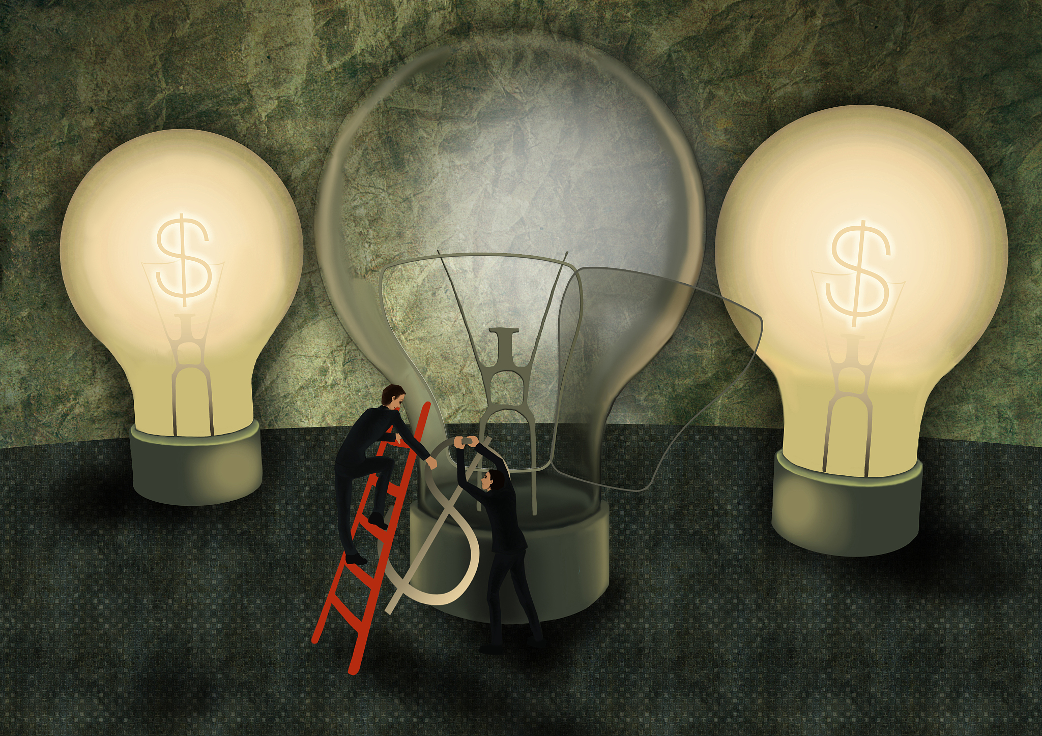 conceptual illustration of businessmen replacing dollar shaped f