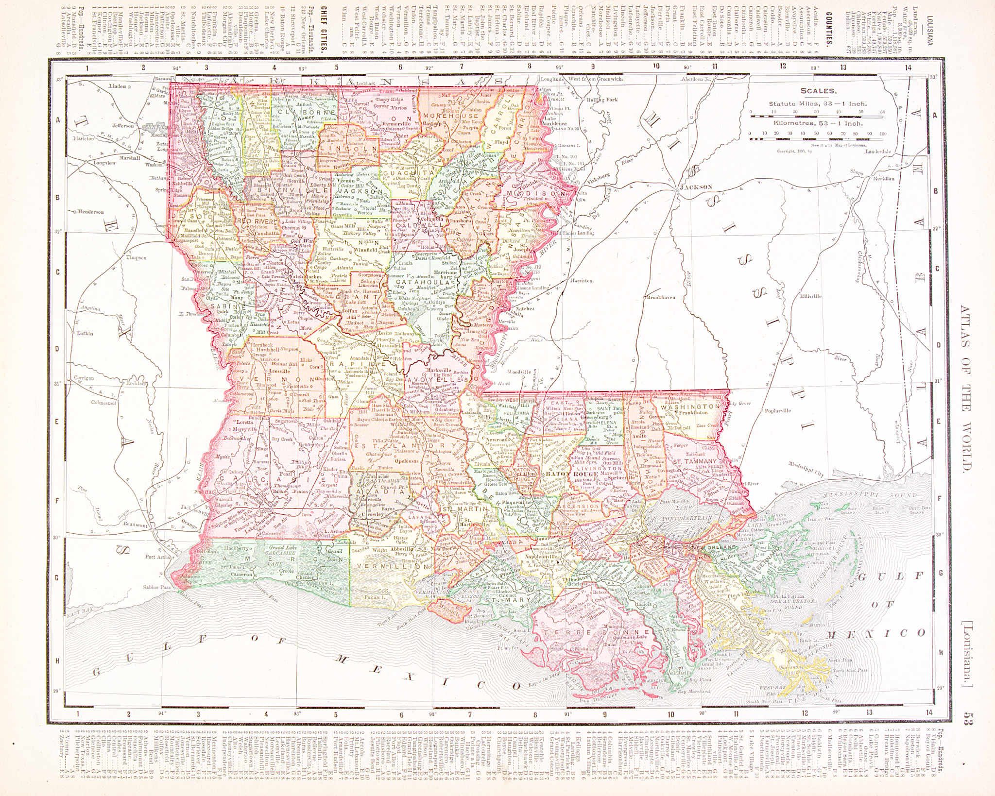 antique vintage color map of louisiana, usa