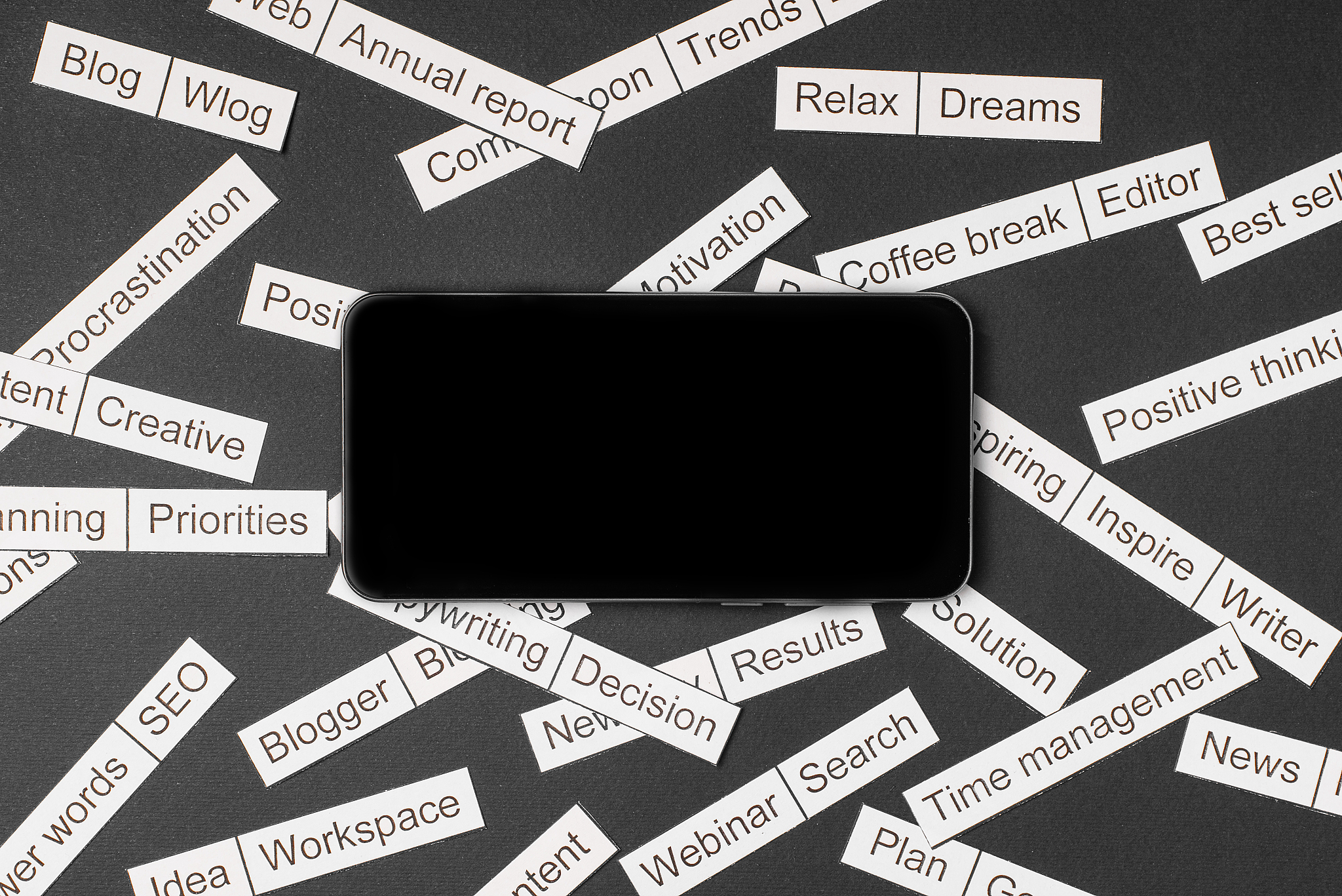 smartphone surrounded by a cloud of words on business themes cut