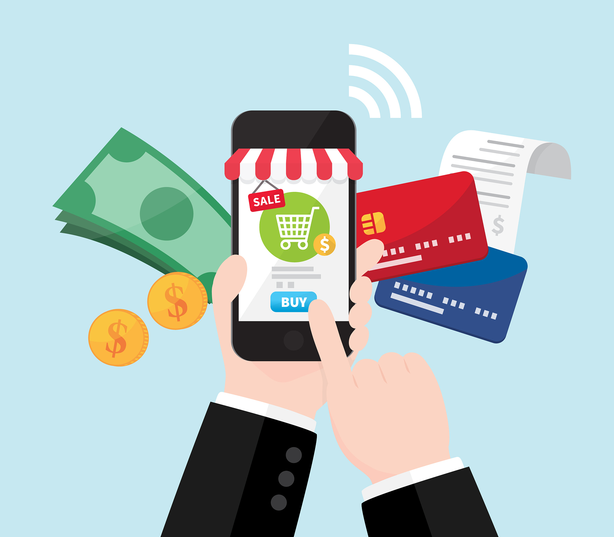 businessman's hand shopping online by cash and credit card, onli