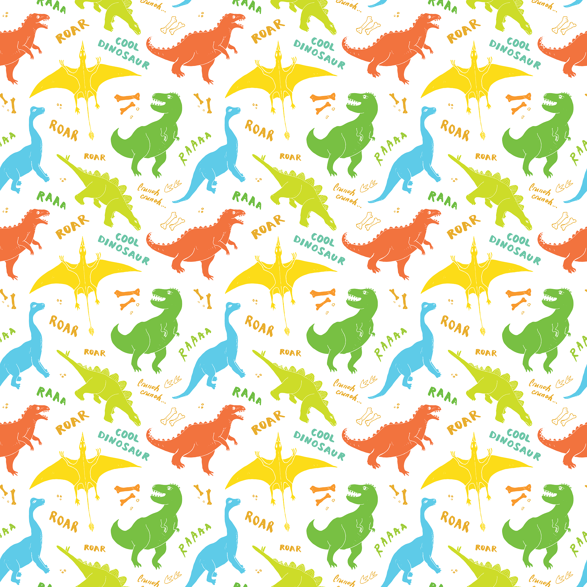 dino seamless pattern, cute cartoon hand drawn dinosaurs doodles
