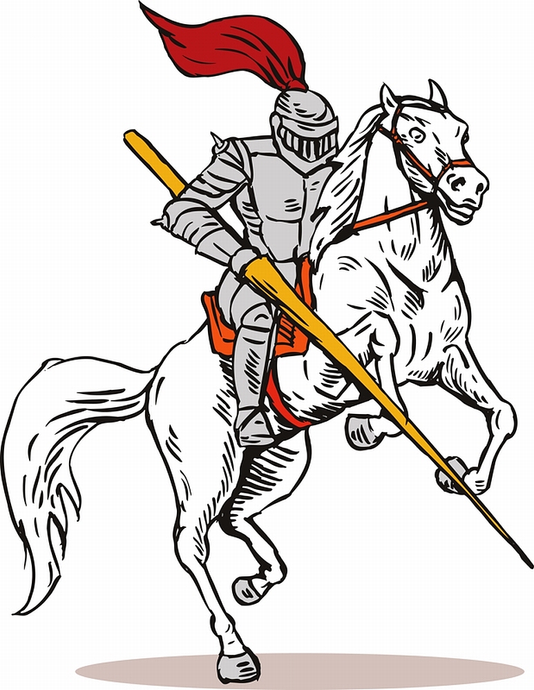 illustration of knight in full armor on a horse brandishing a sw