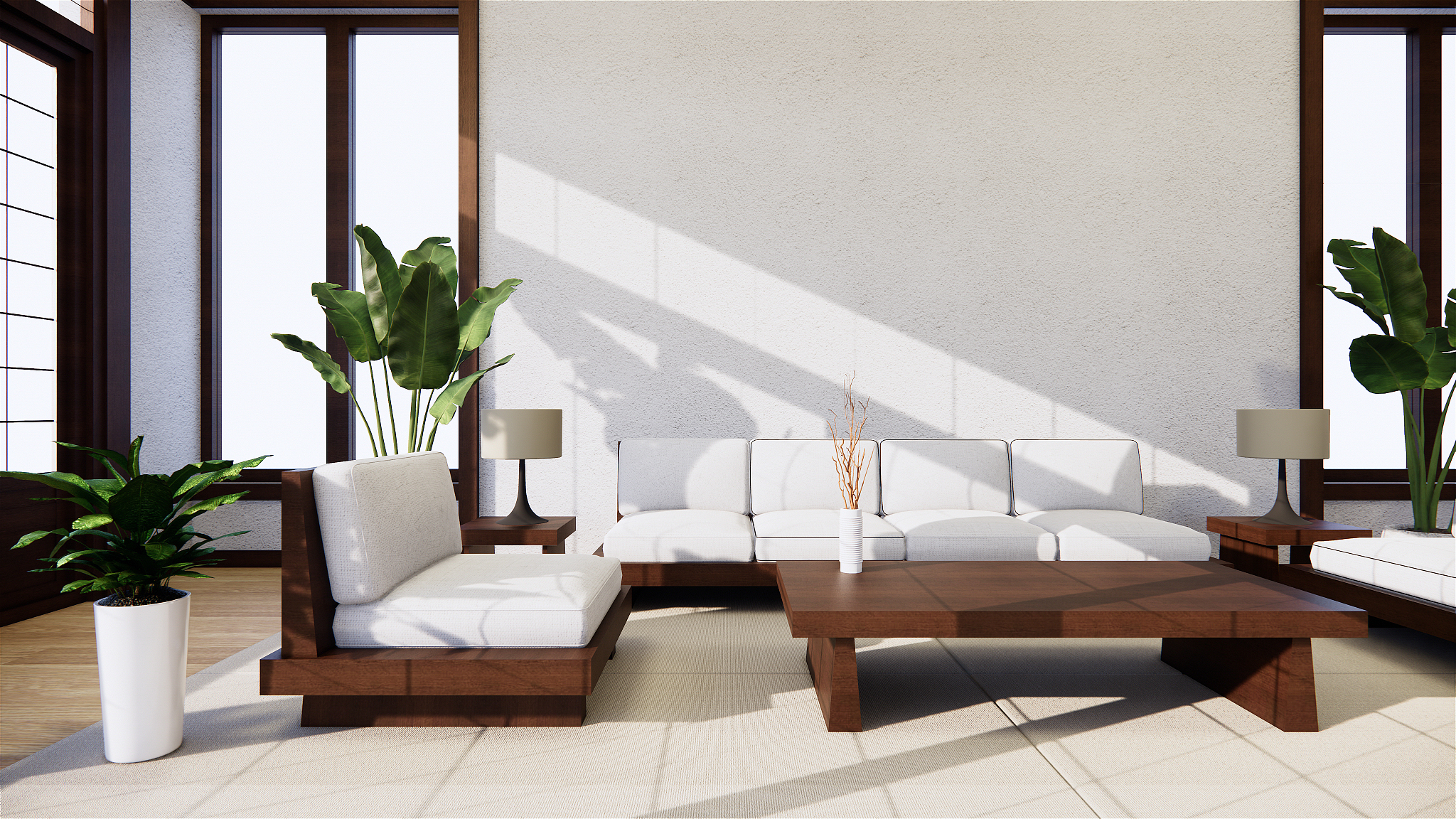 tropical style room interior, empty room japan style. 3d renderi