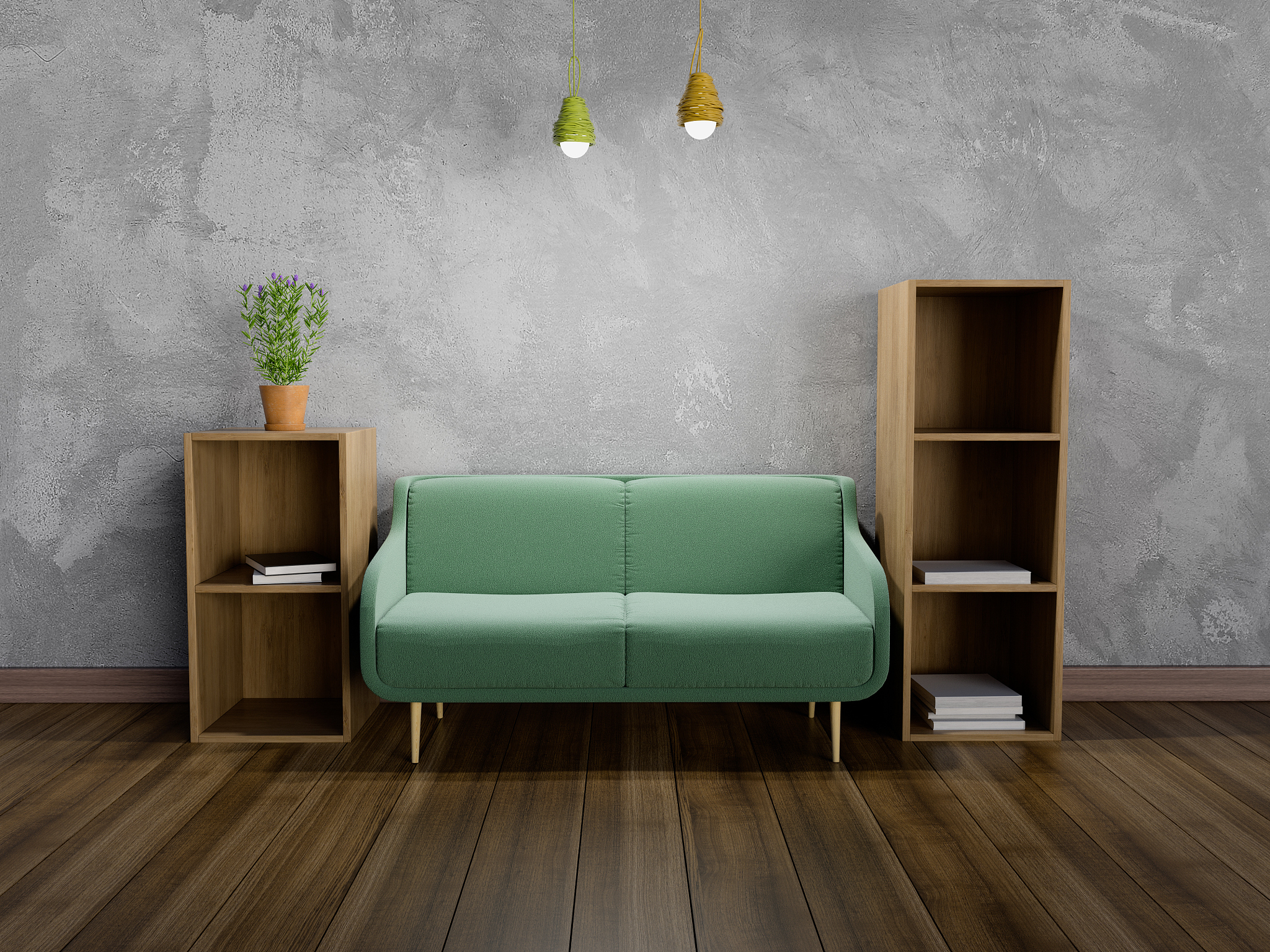 sofa amidst shelves against wall