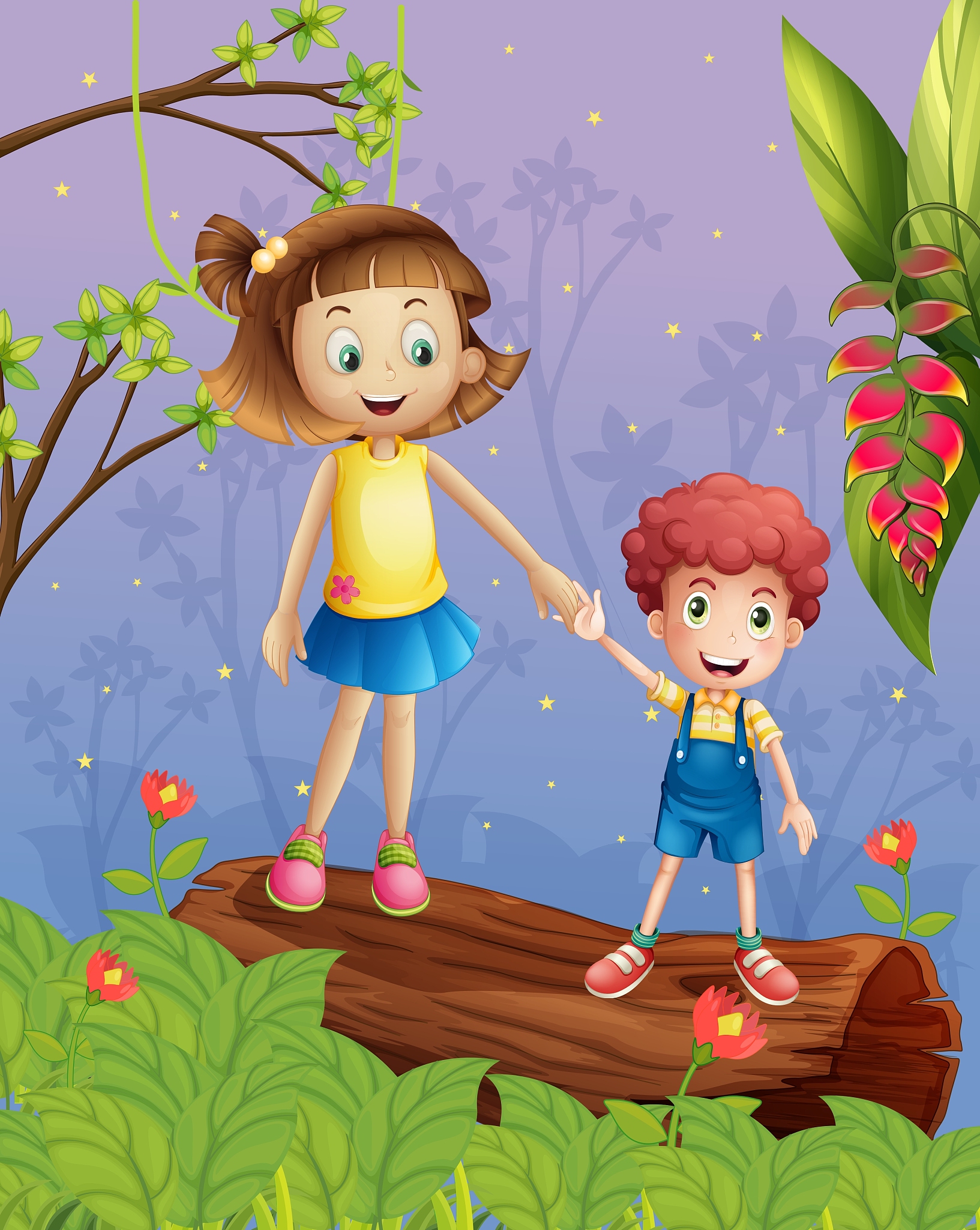 a young lady with a young boy in the forest