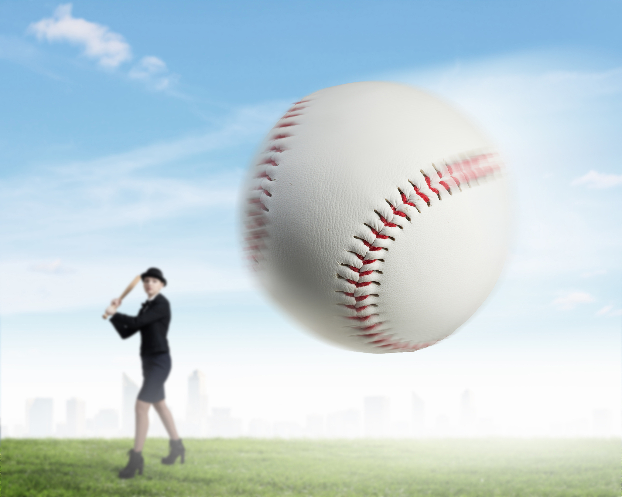 woman play baseball. young pretty woman in suit and hat with bas