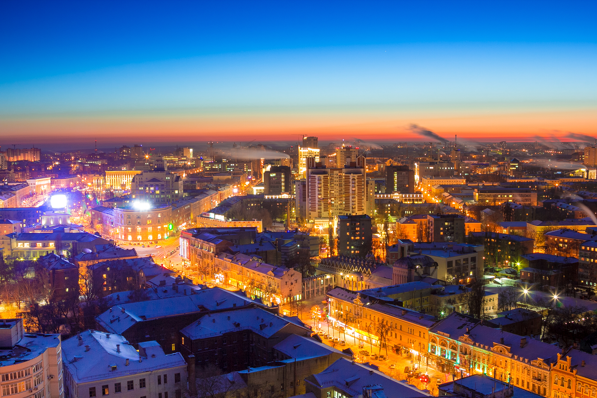 voronezh from rooftop, winter night, prospect of revolution