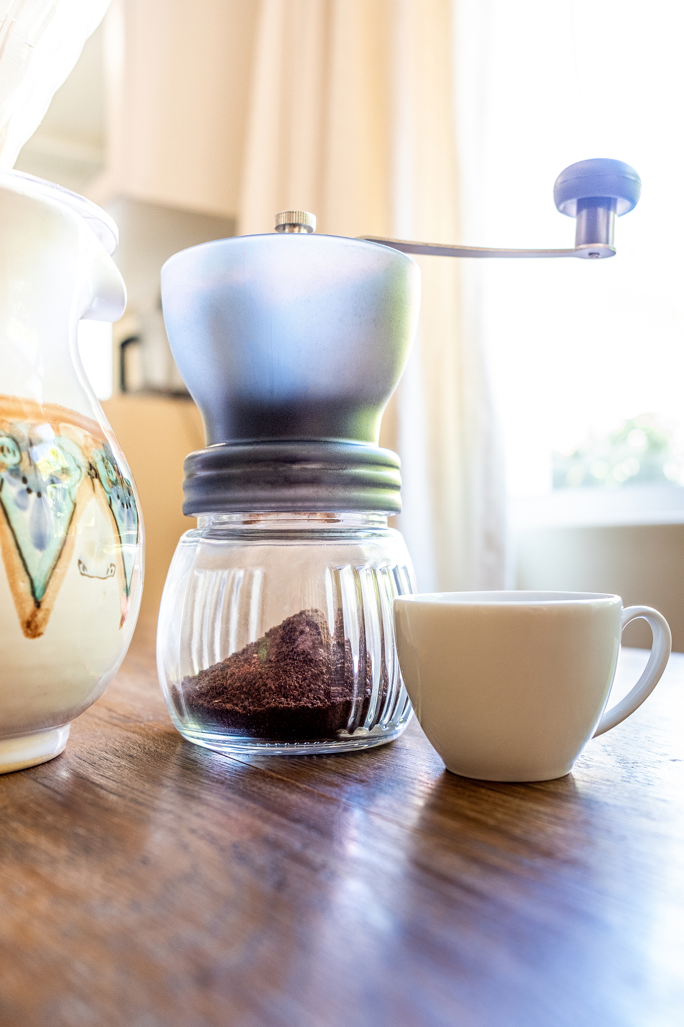 home coffee equipment on a wooden bench