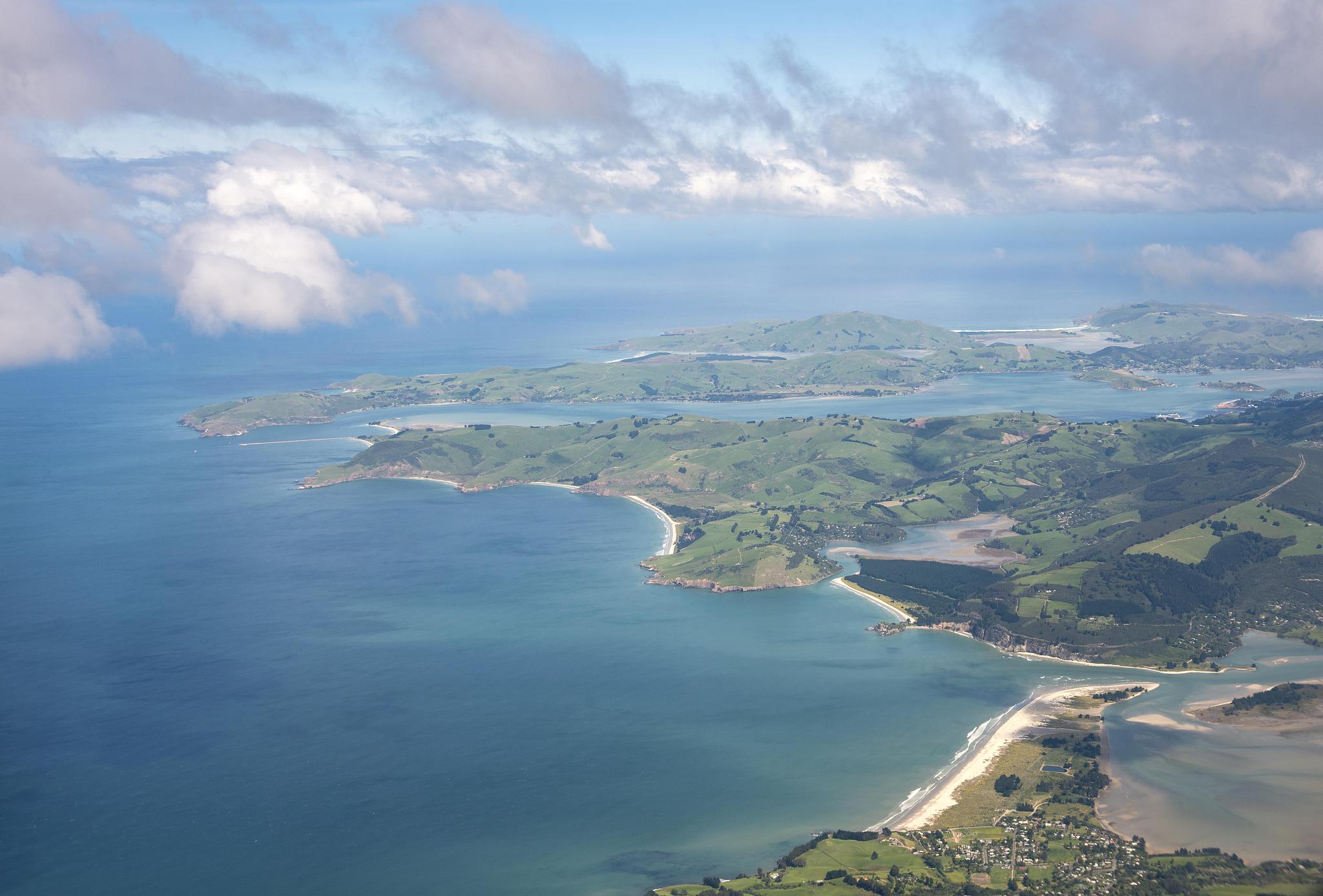 view over coast and sea, otago peninsula and blueskin bay, aeria