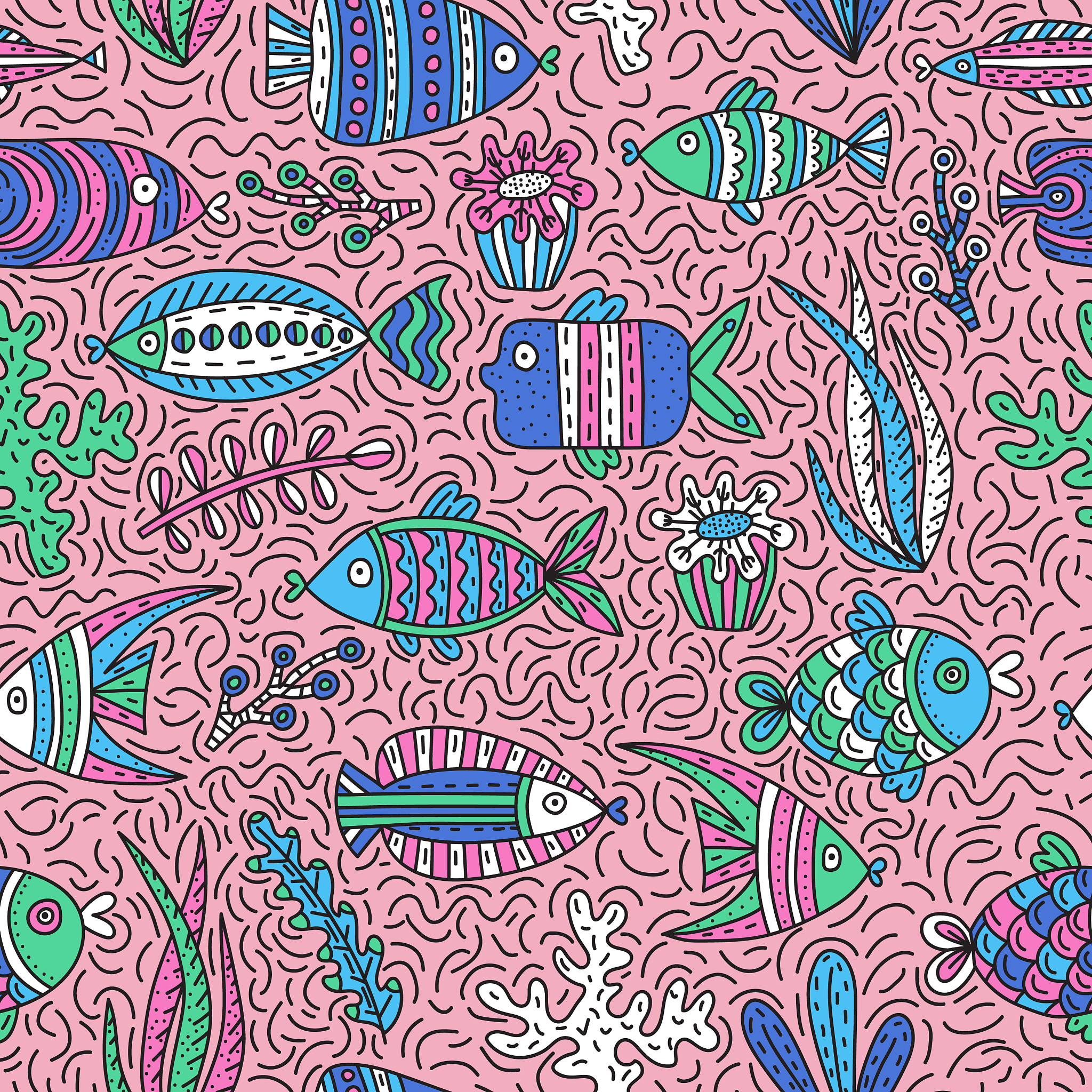 seamless pattern with cute fishes and seaweeds