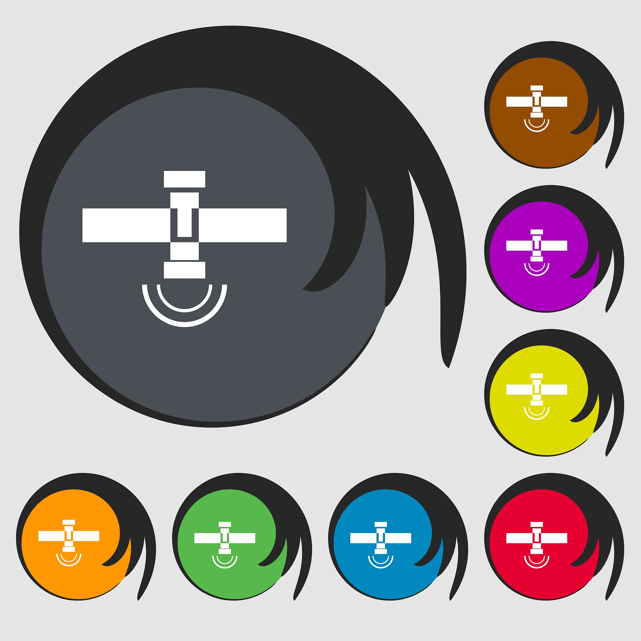 satellite icon sign. symbols on eight colored buttons. vector
