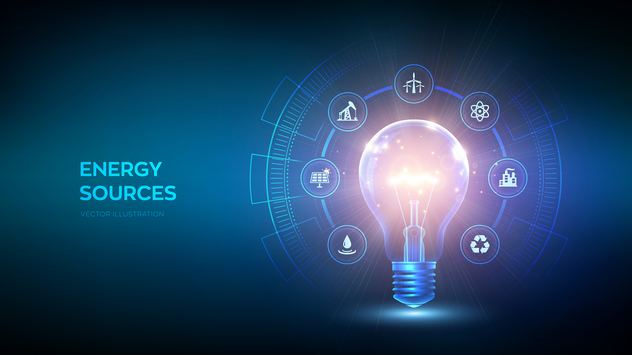 glowing light bulb with energy resources icon. electricity and e