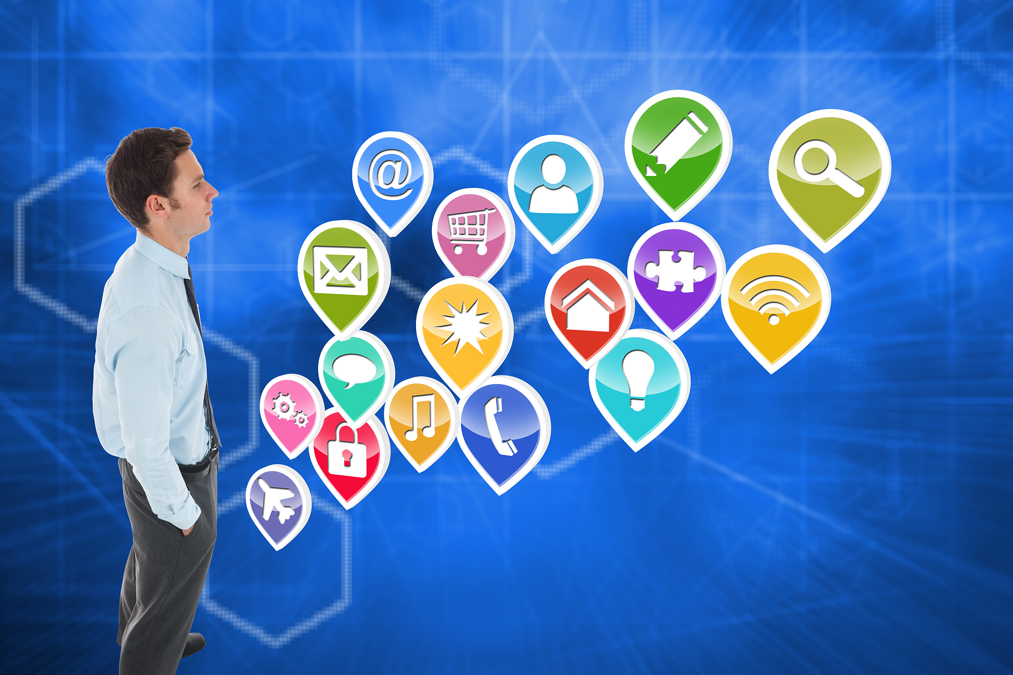 composite image of serious businessman standing with hands in po