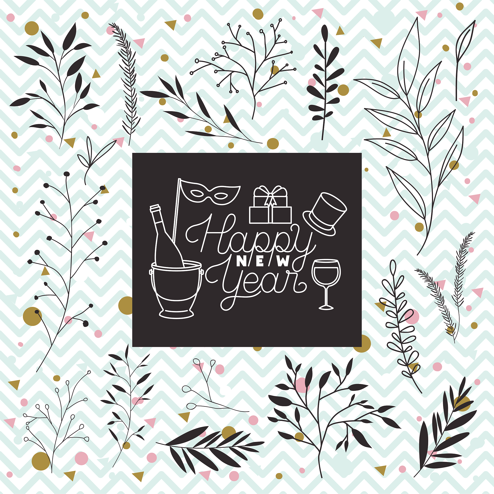 frame with happy new year lettering and wreath crown