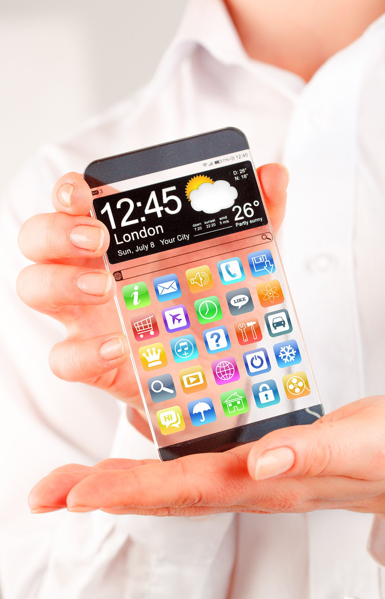 smartphone with transparent screen in human hands.