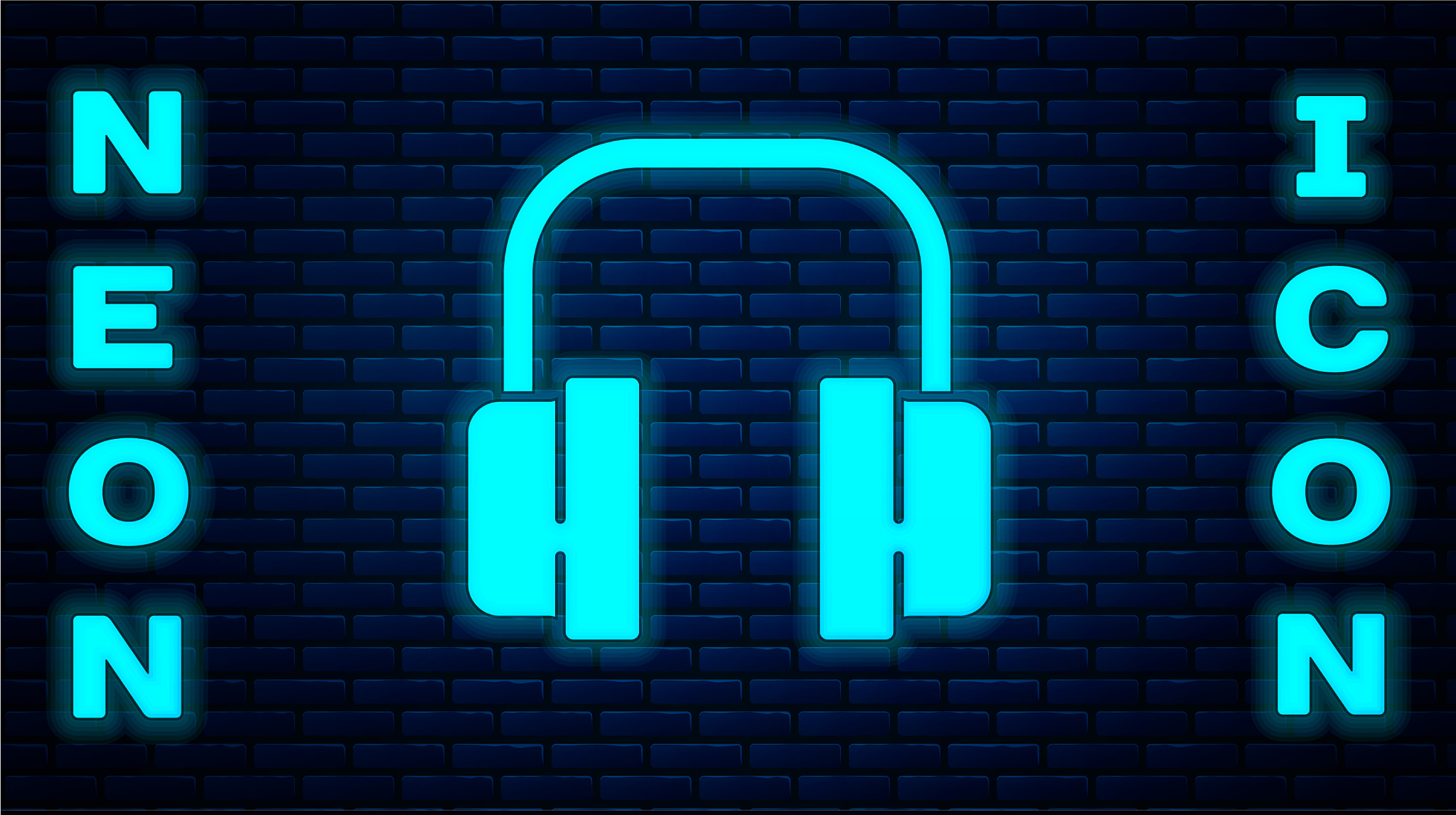 glowing neon headphones icon isolated on brick