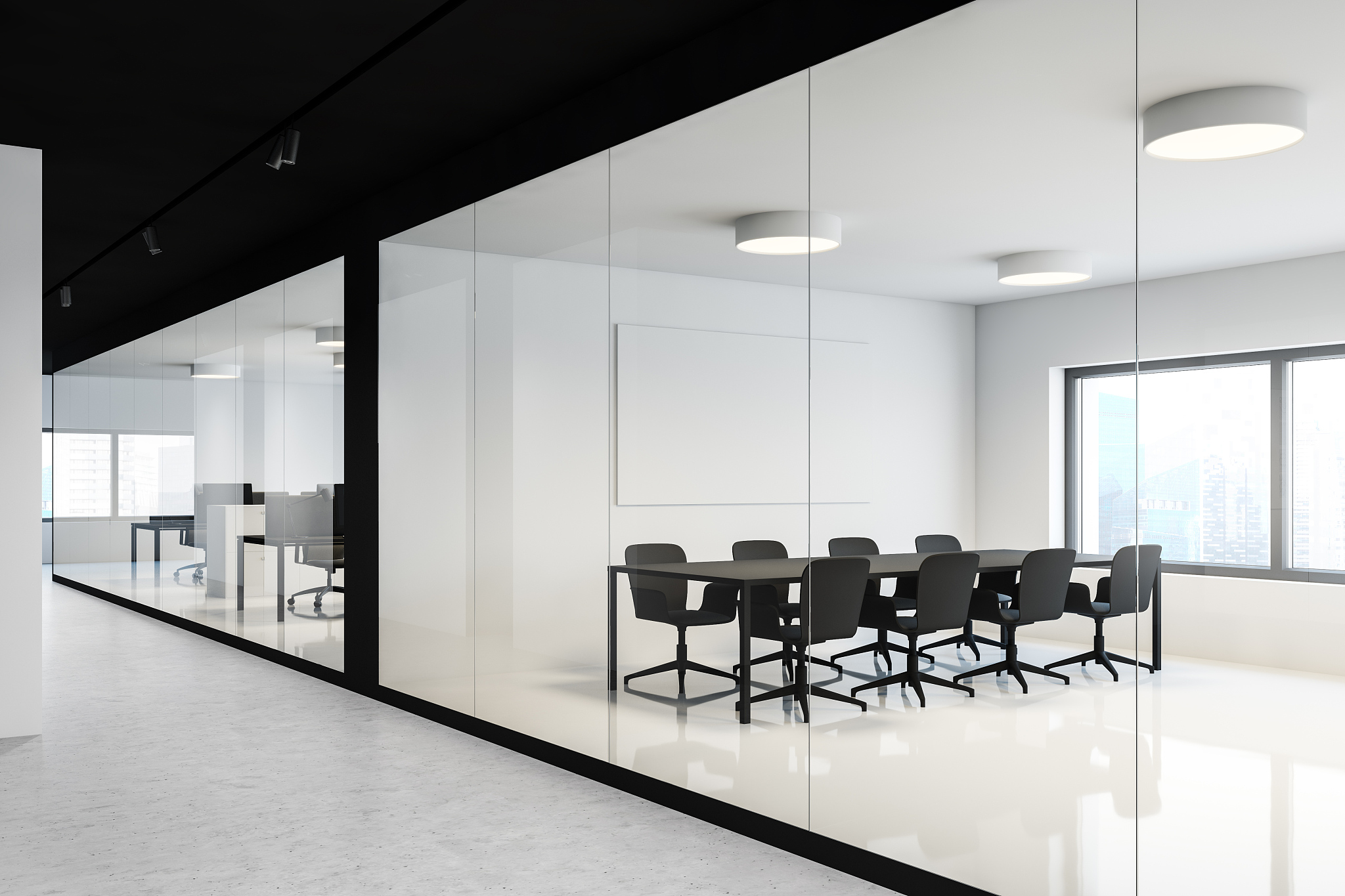 conference room corner with mock up poster