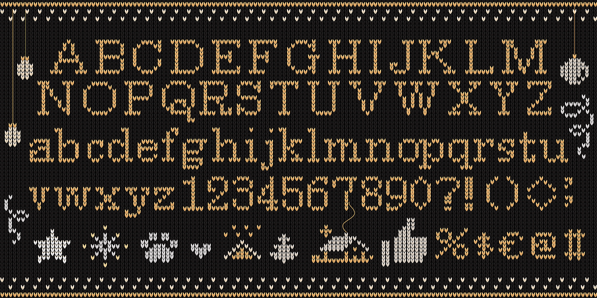 christmas knitted font. knitted golden alphabet on seamless blac
