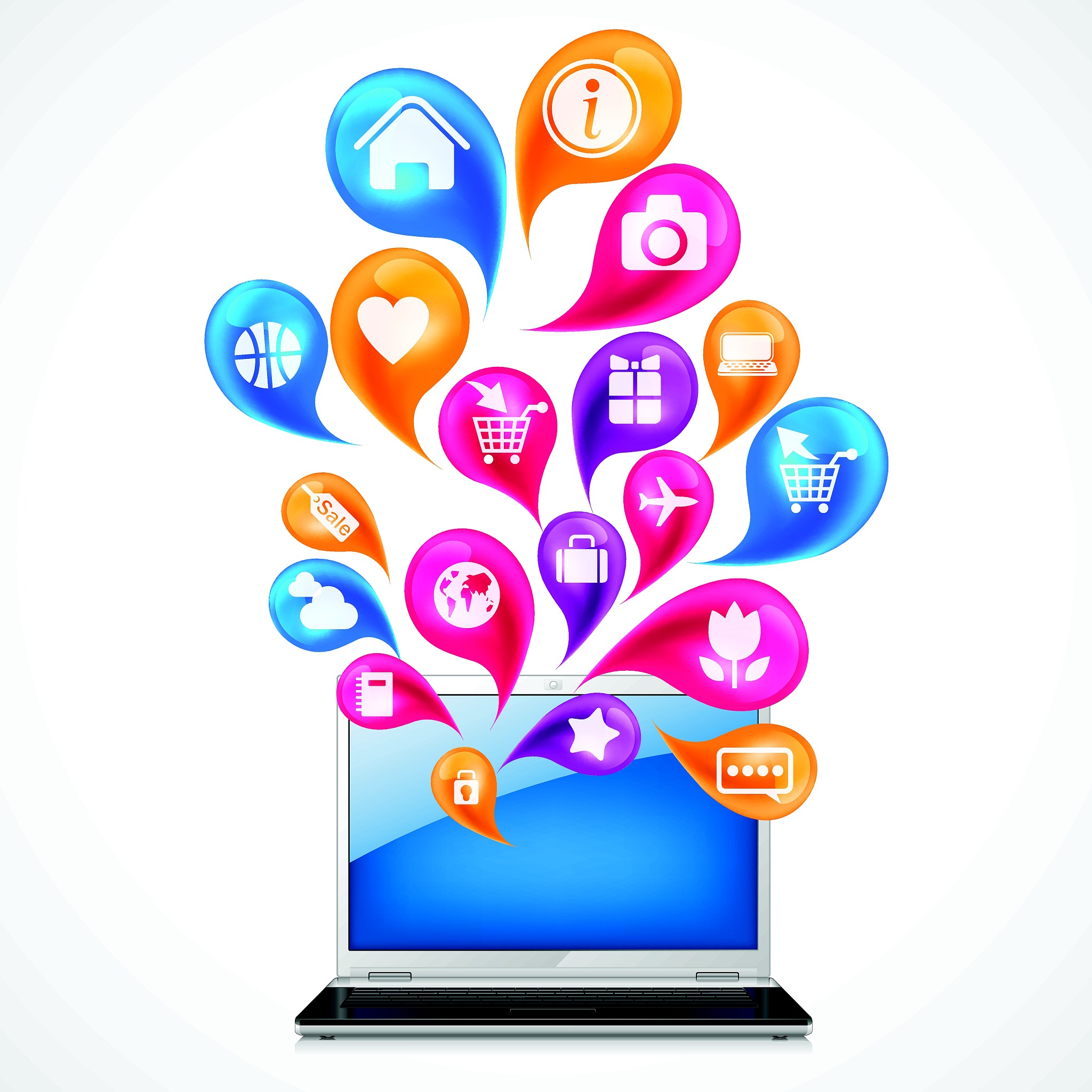 laptop with colorful application icons on white background