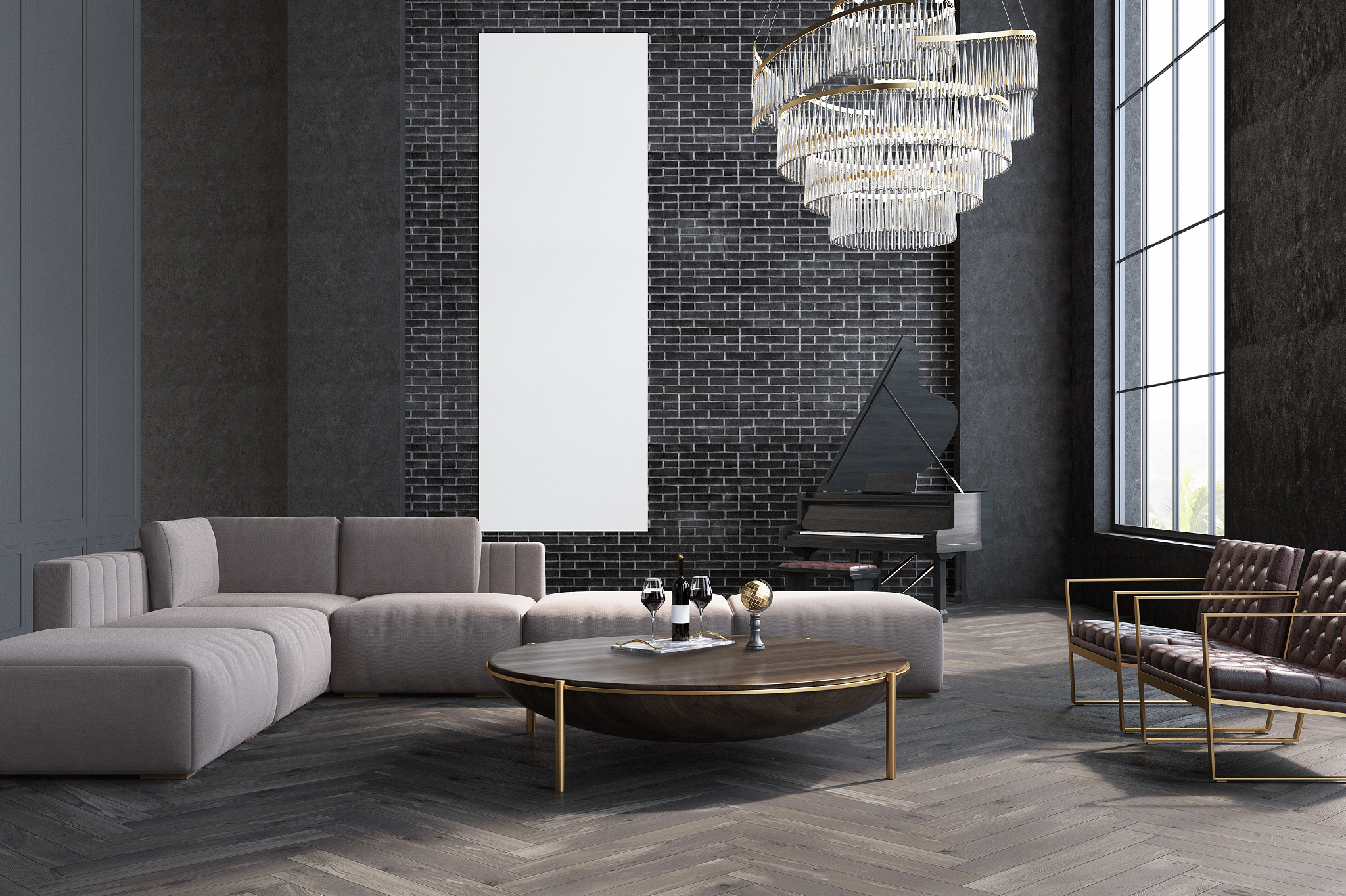 gray living room, sofa and table, poster