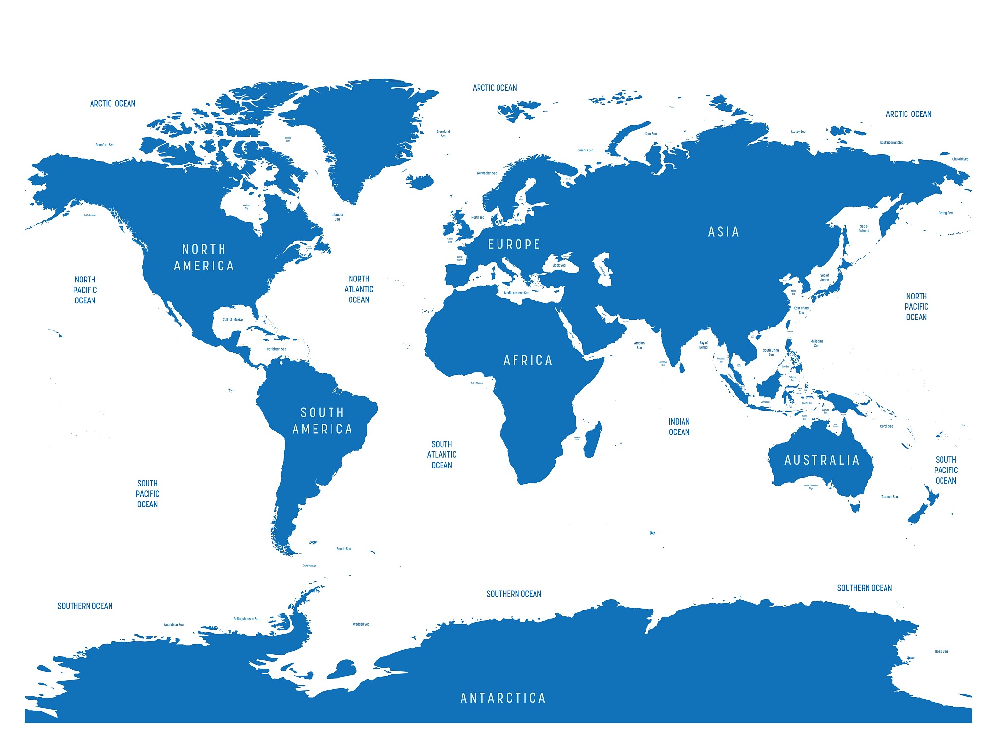 oceanographical map of world with labels of oceans, seas, gulfs,