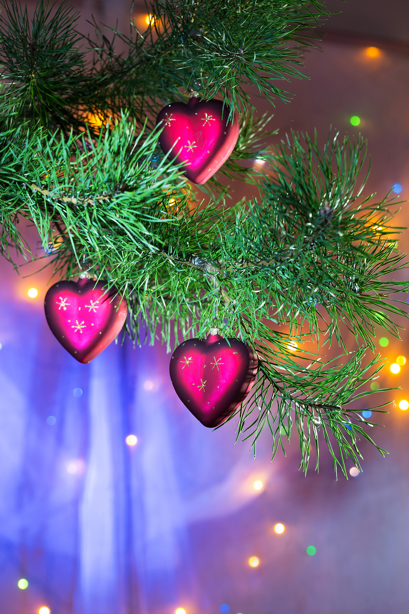 three glass new year's toys on a pine branch
