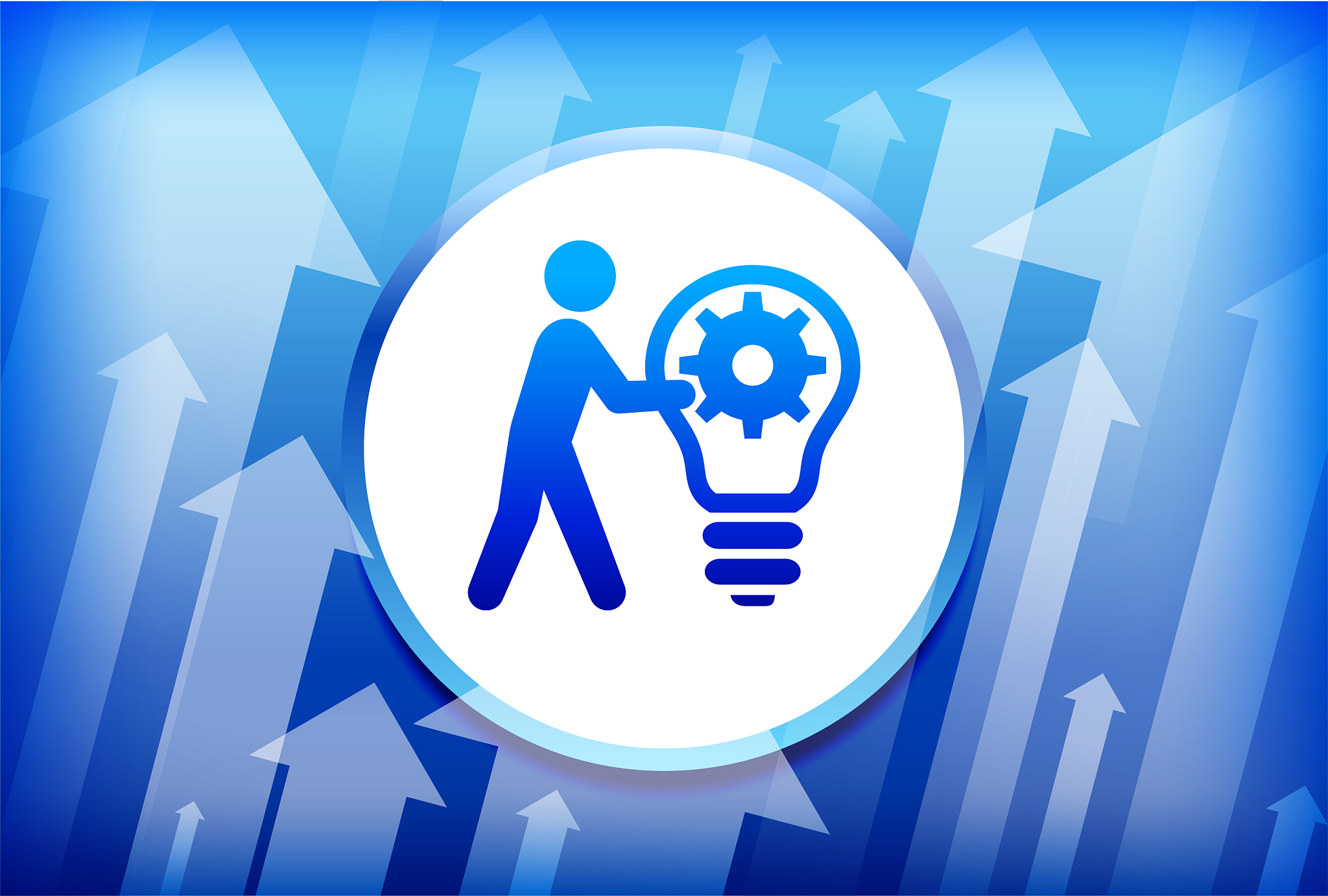 stick figure & idea gear blue up arrows background