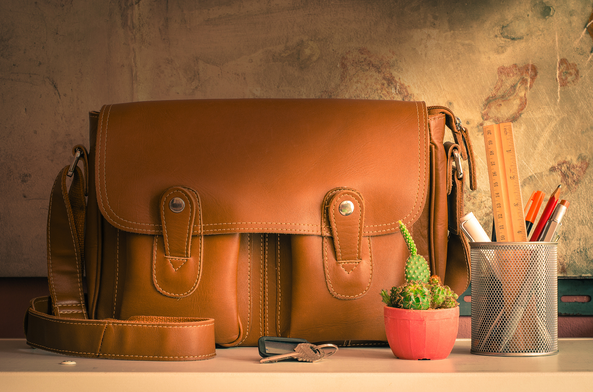 still life of bag and stationary