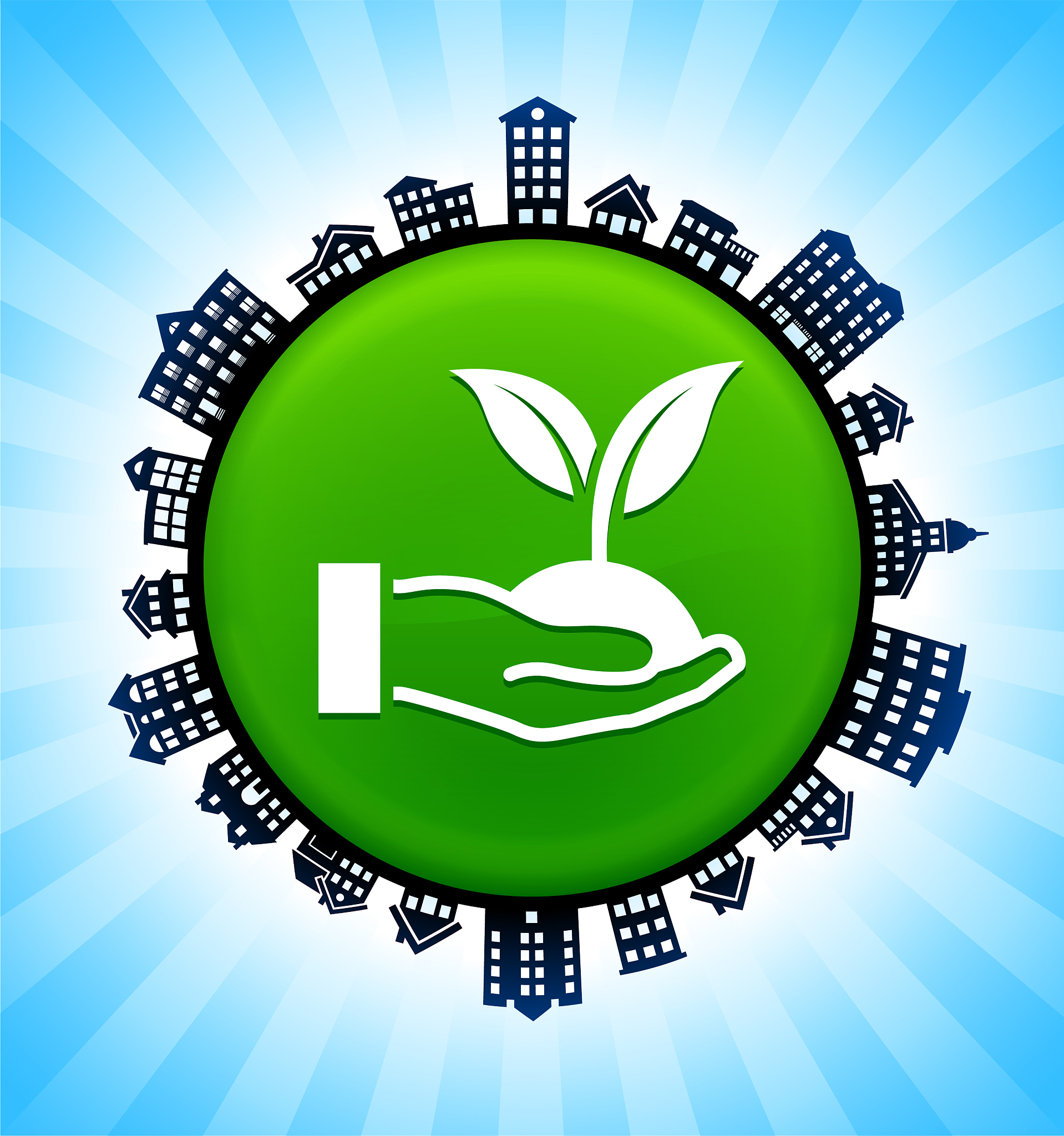 holding growing plant on rural cityscape skyline background