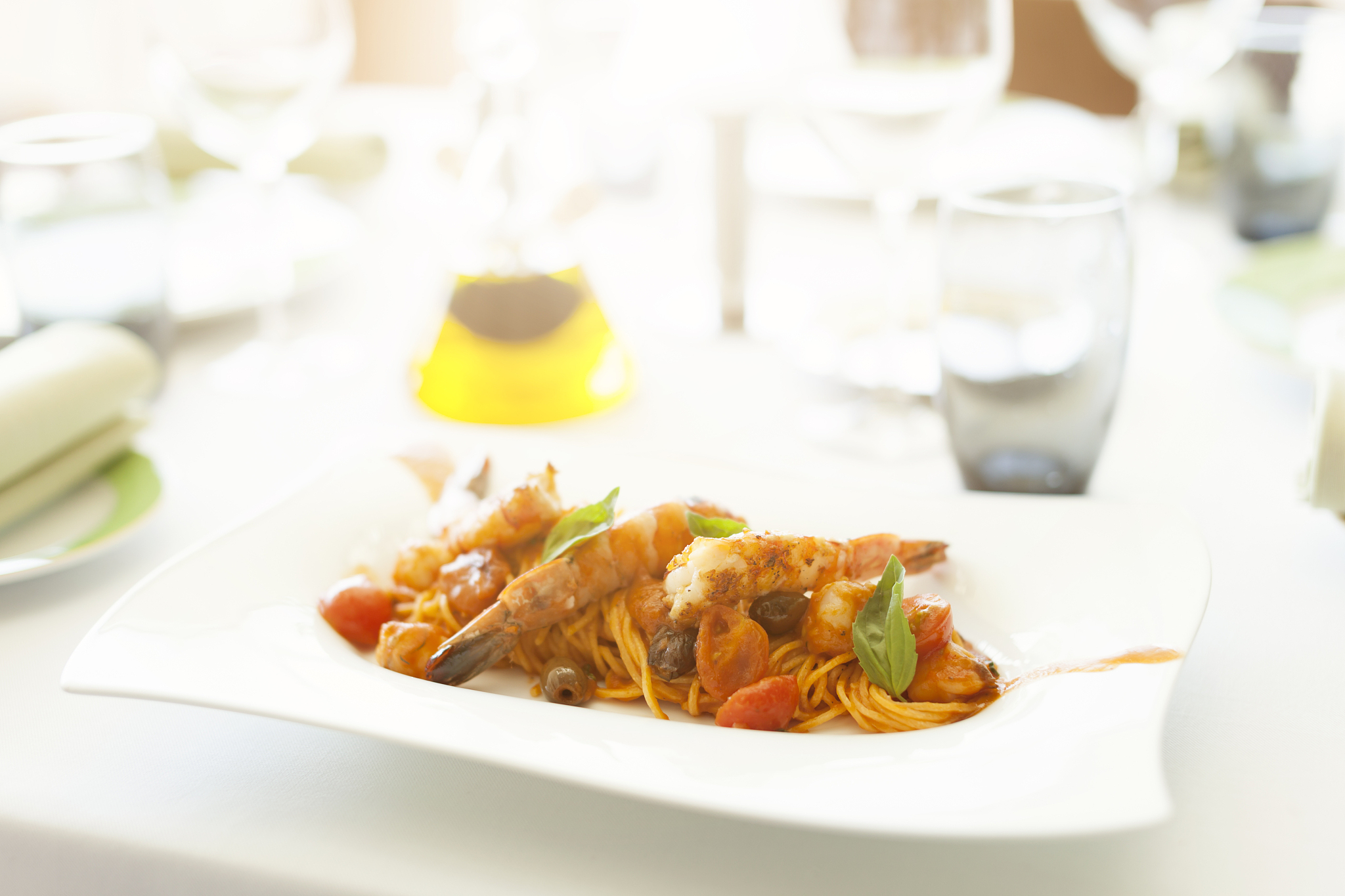 close-up of a tasty pasta dish in an elegant restaurant