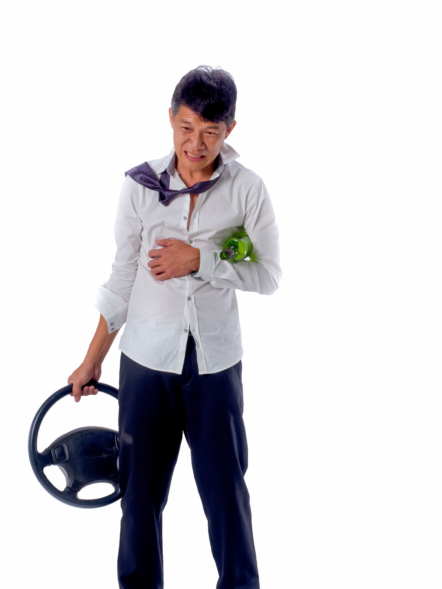 drunk business asia man wear black suit holding wine bottle and 