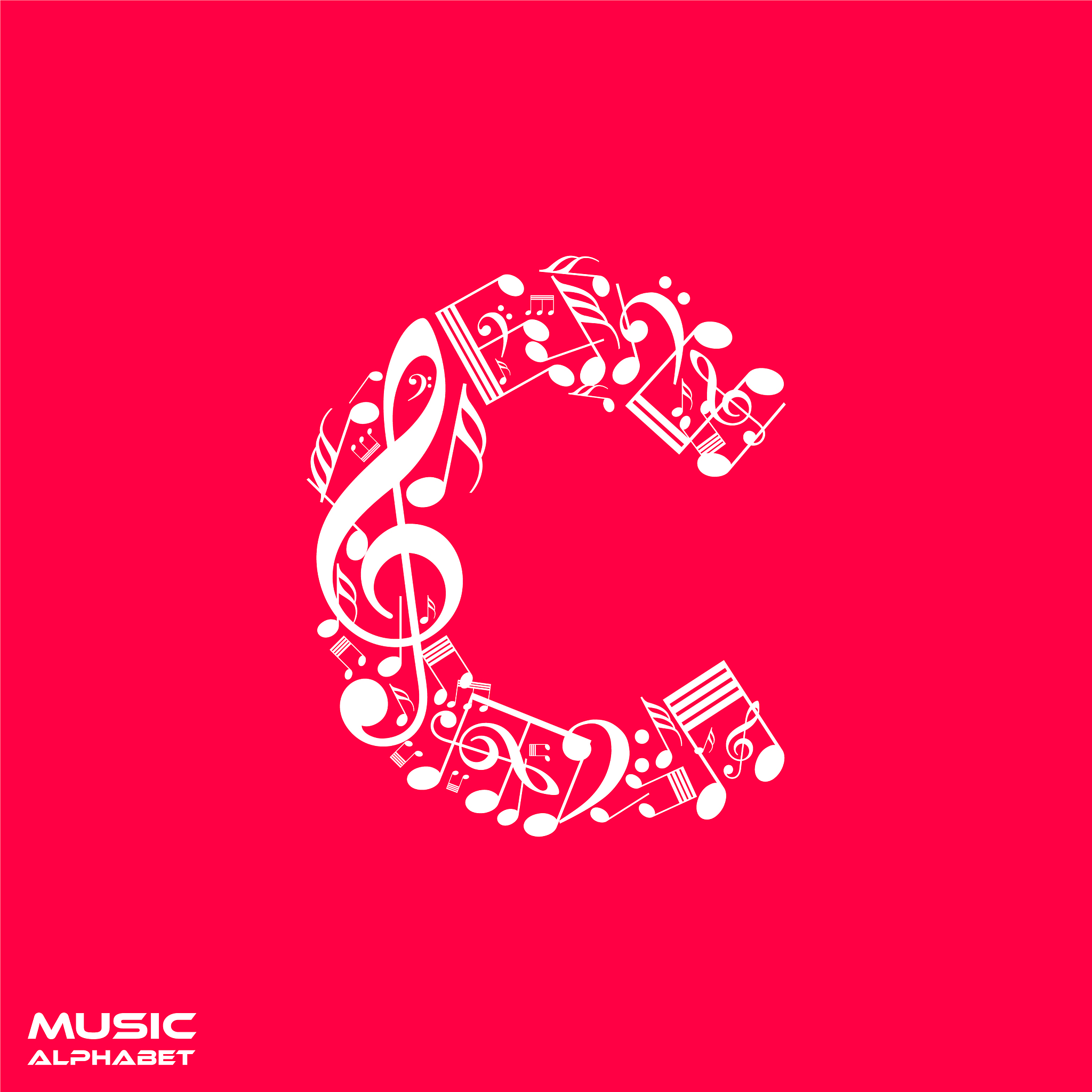 vector letter c made from musical notes, musical alphabet, music