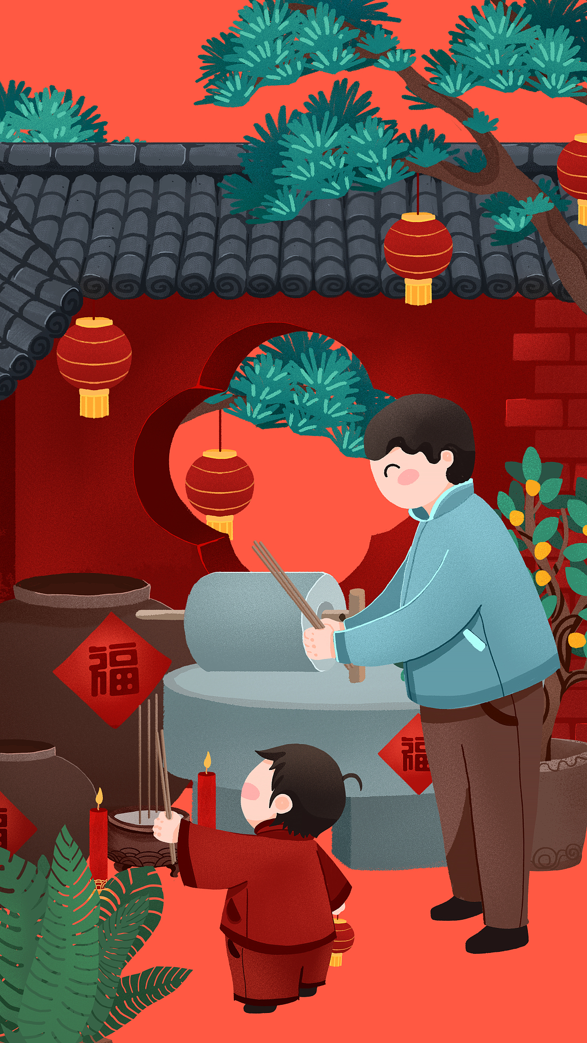 父子,春节,年<strong>俗</strong>,石头,角落,鱼缸,红色,绿色,瓦,垂直画幅