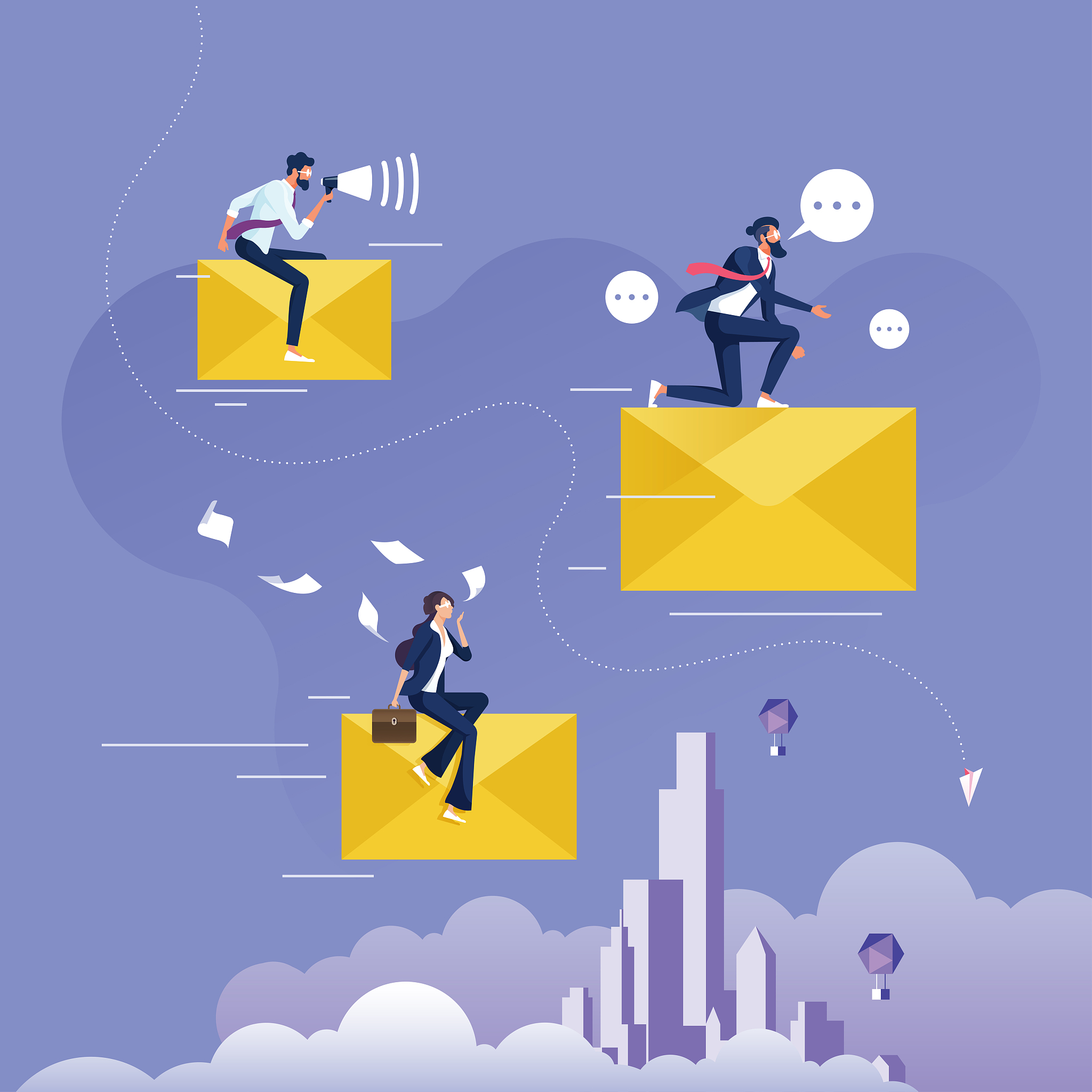 businessman riding big flying email or envelope-business communi