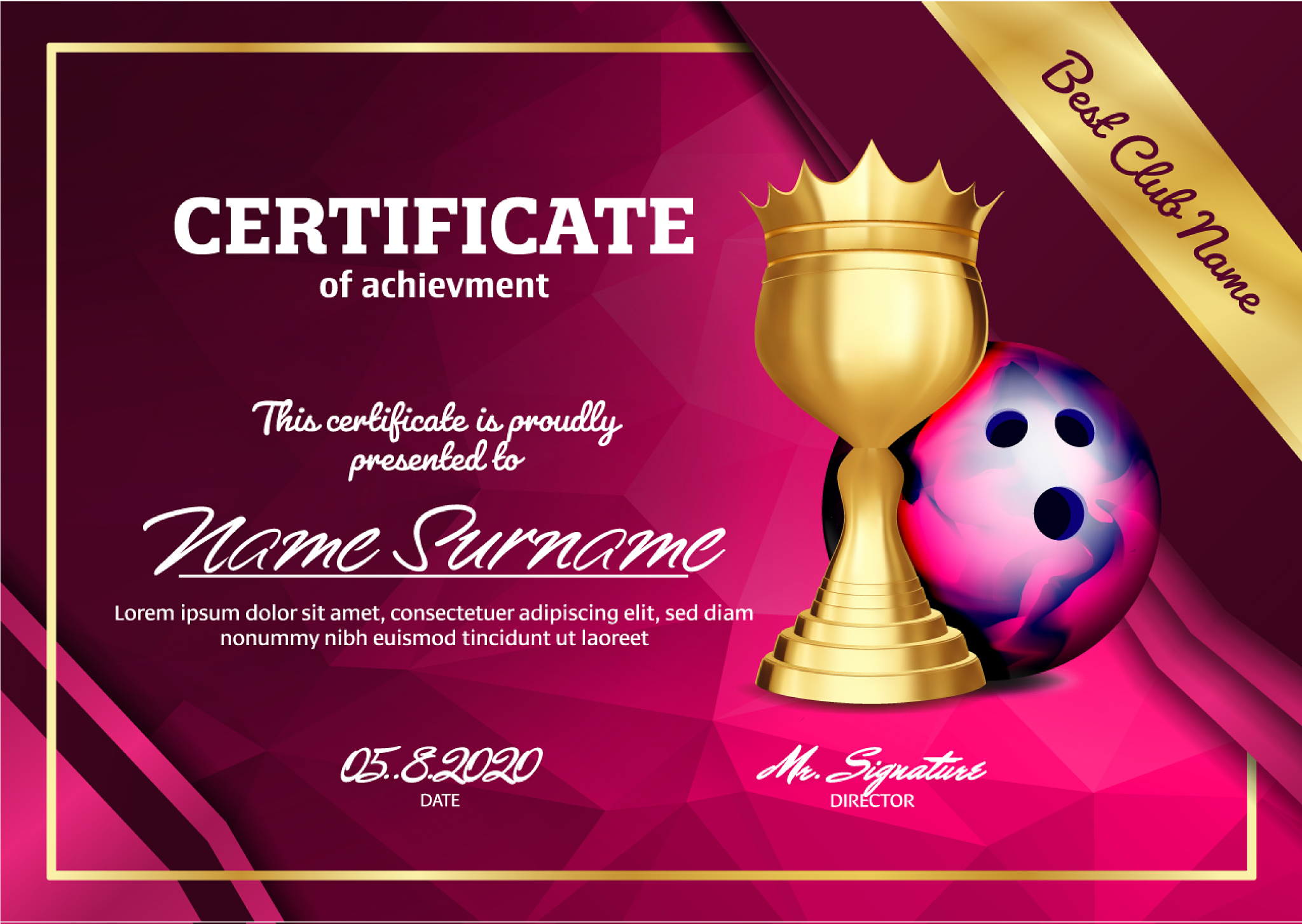 bowling certificate diploma with golden cup