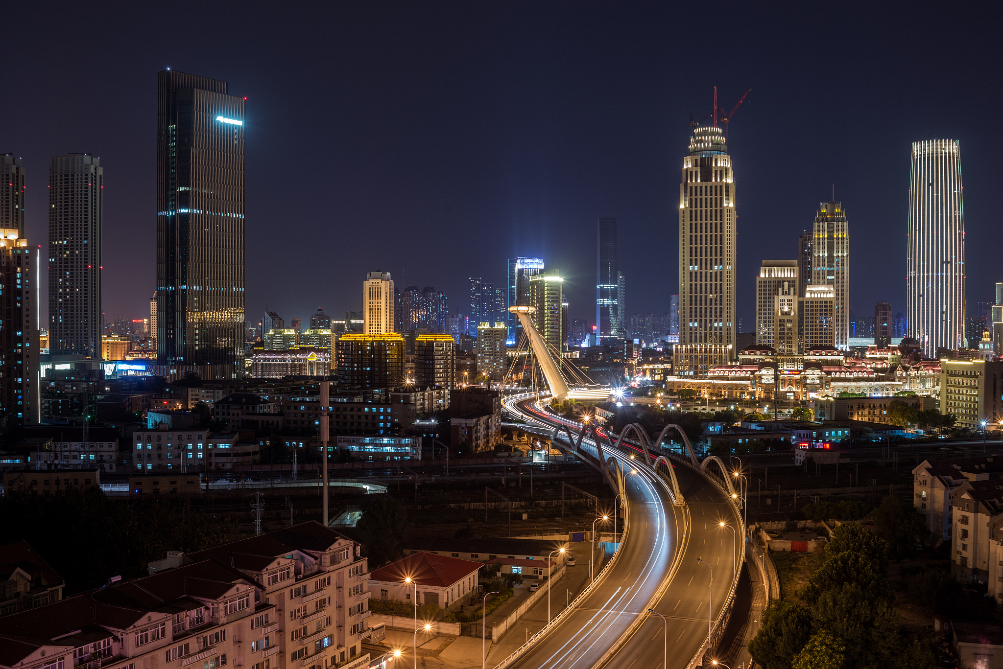 aerial view of tianjin skyline at night