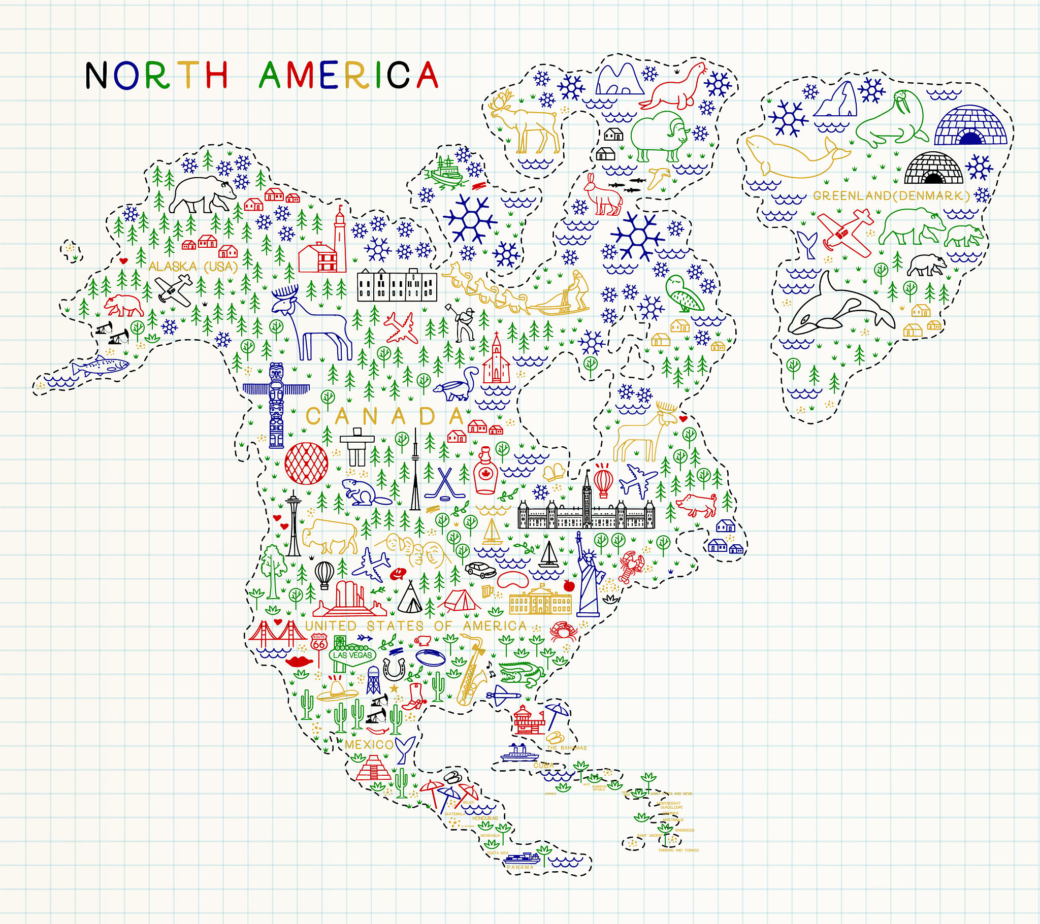 north america travel line icons map travel poster