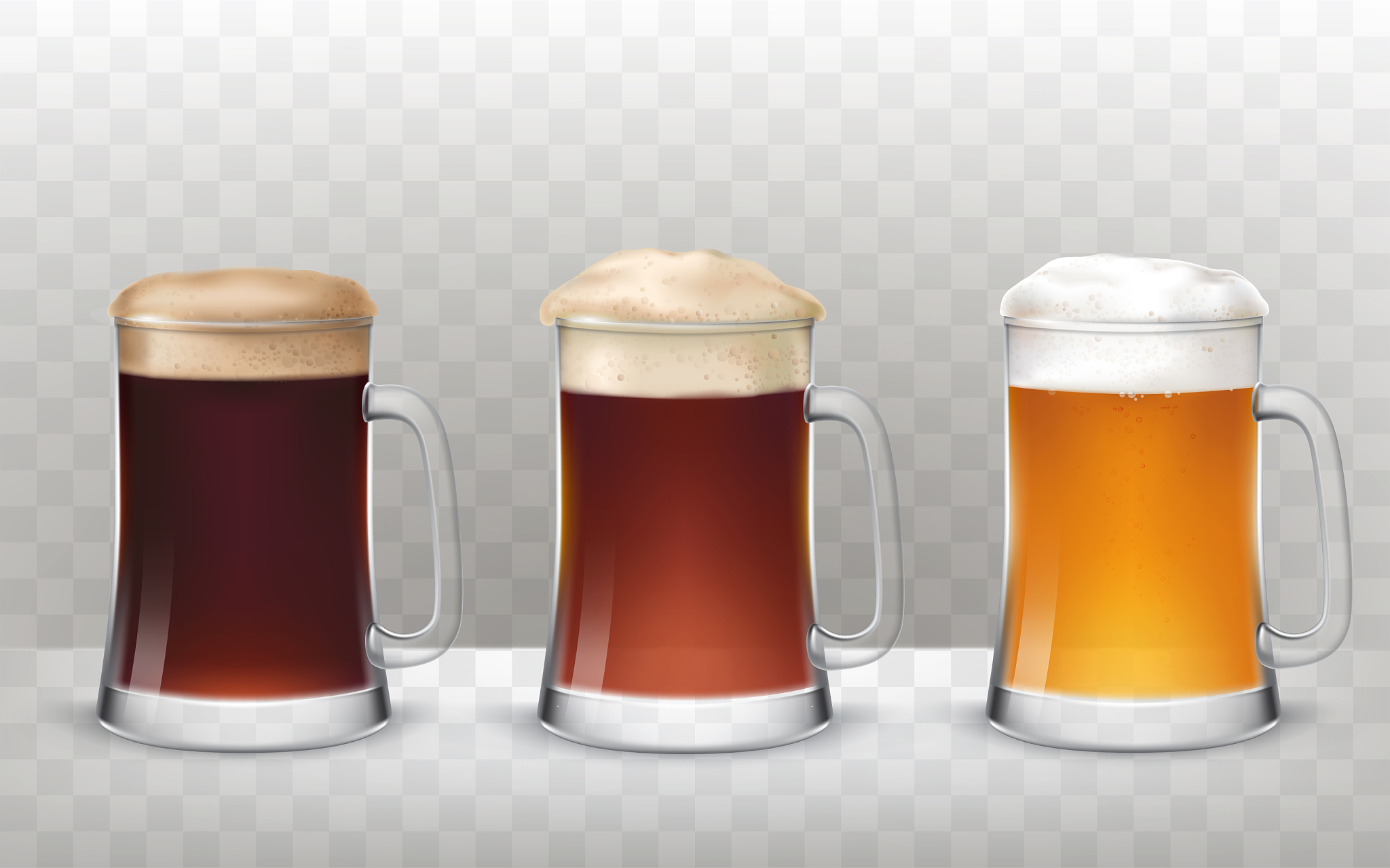 three glass beer mugs with a