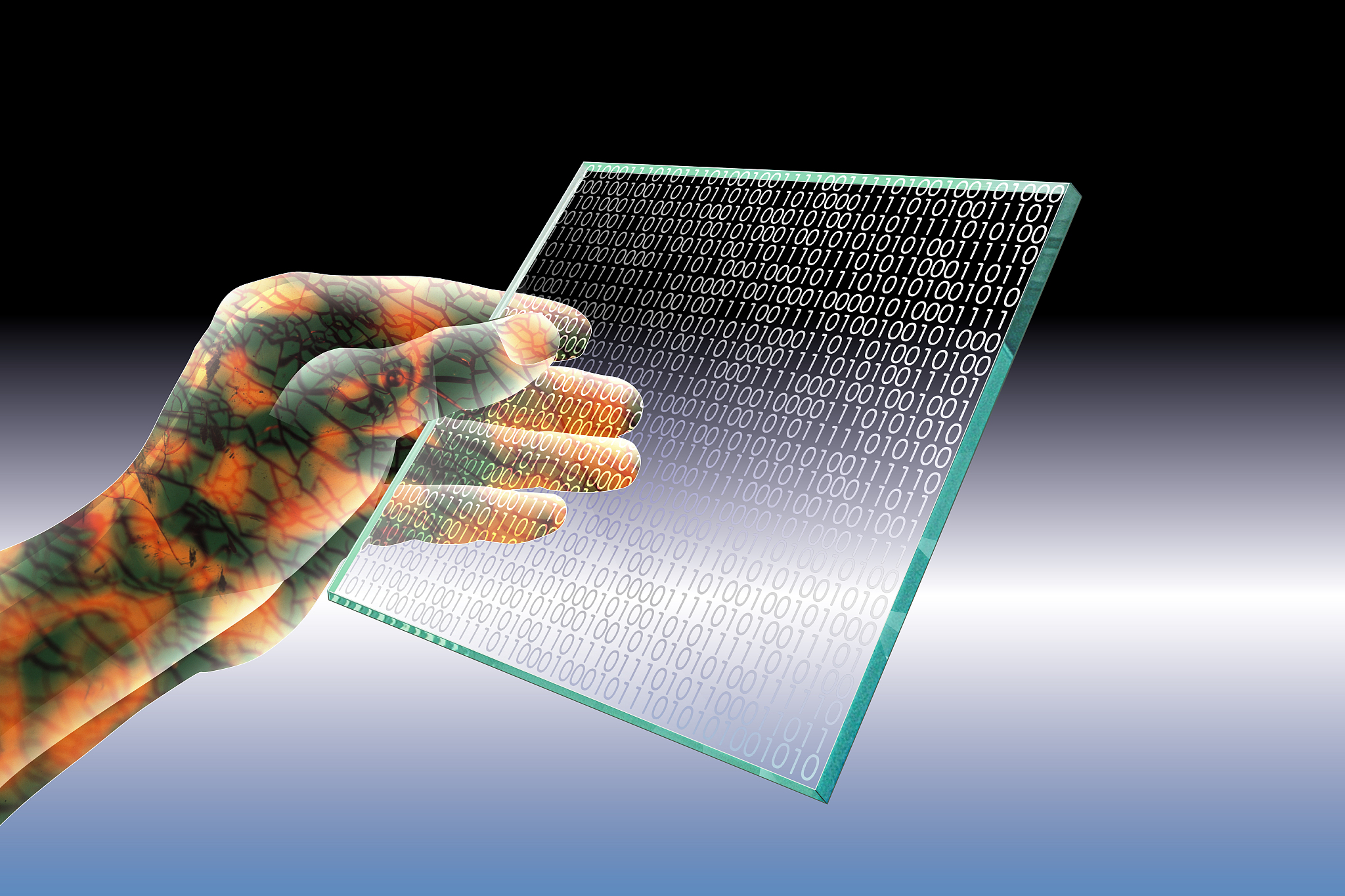 cyborg's hand holding a transparent computer tablet with a glass