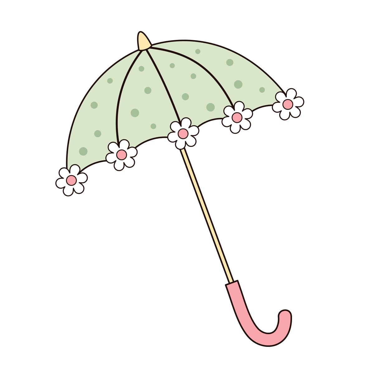 可爱的绿色雨伞,带有花朵图案,卡通季节性物品,孤立在