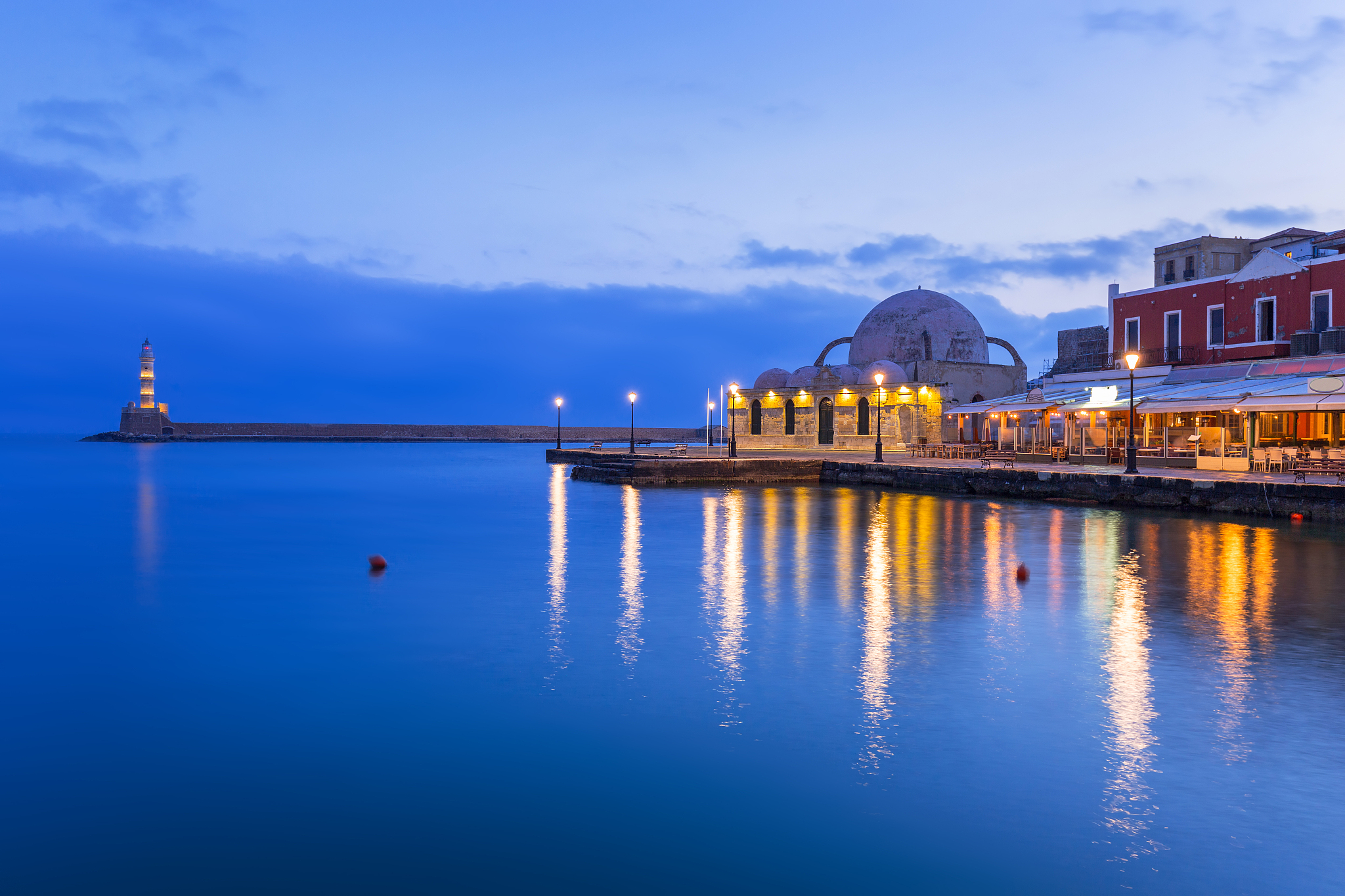 old venetian port of chania at night, crete